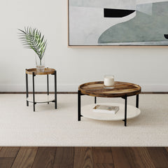 Adhvik Round End Side Table Marble Shelf Natural and Black