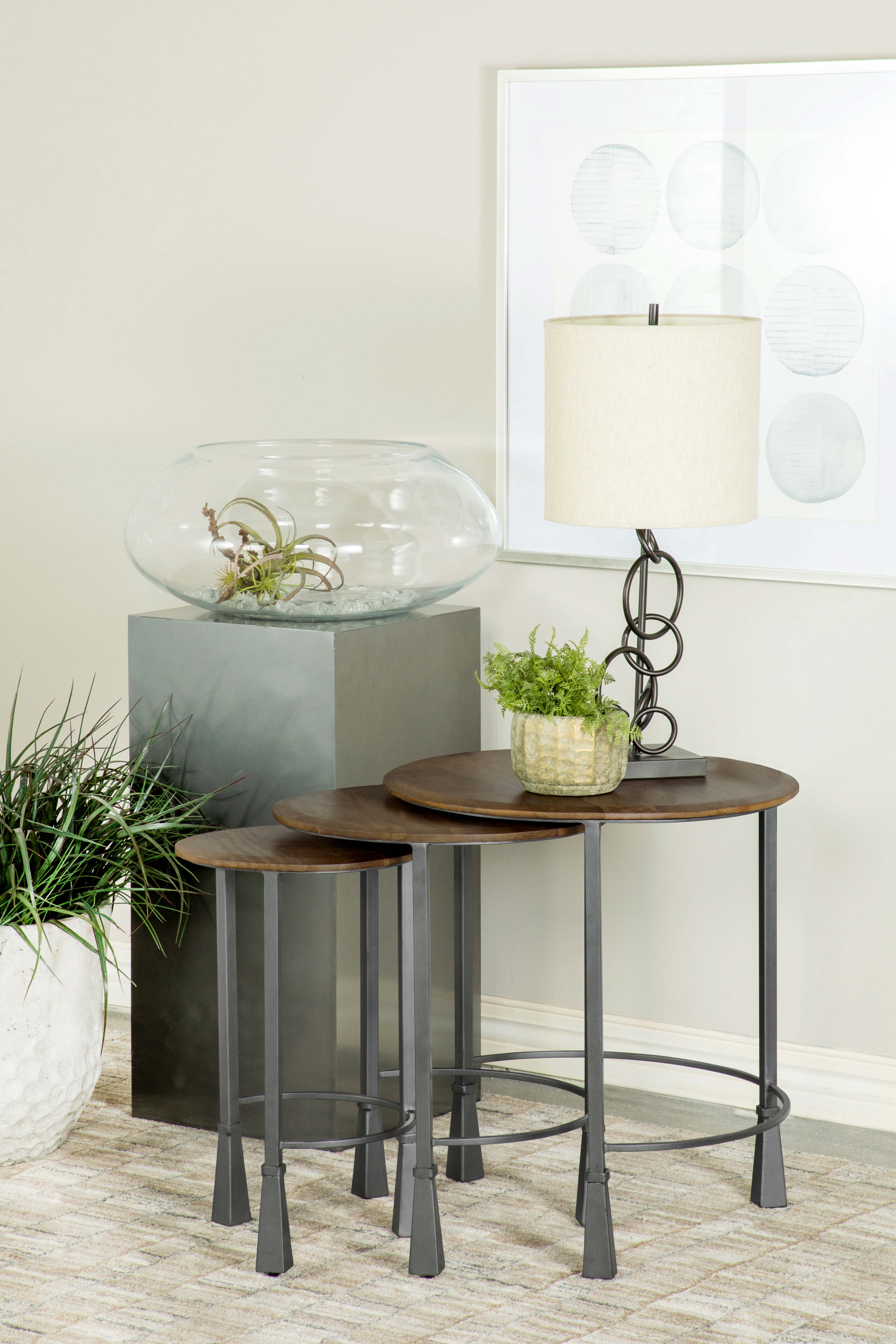 Best Furniture Outlet - Coaster - Deja 3-piece Round Nesting Table Set Natural and Gunmetal - 935971