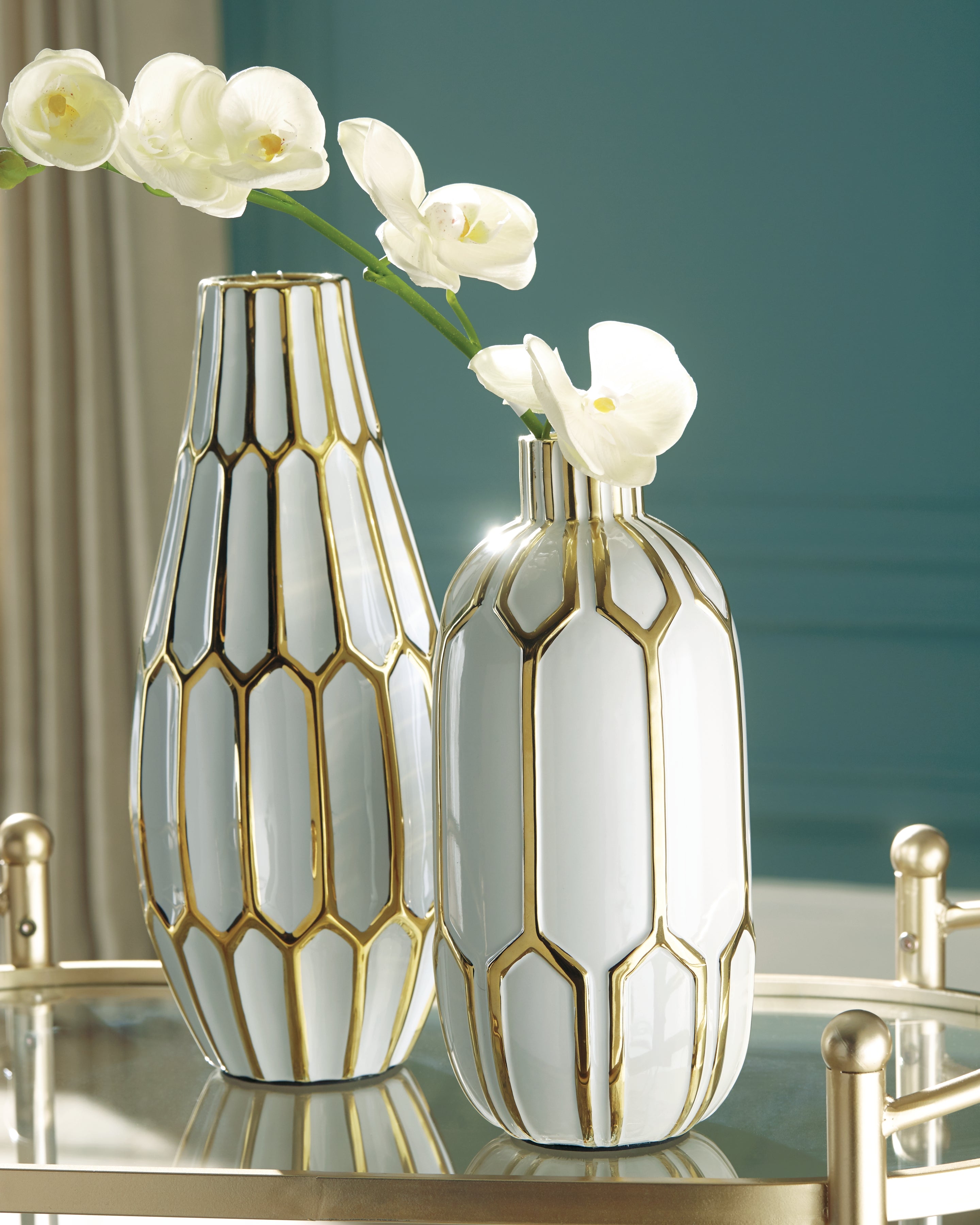 Best Furniture Outlet - Ashley Furniture - Mohsen Vase - Vase Set (Set of 2) / Gold Finish/White - A2000135
