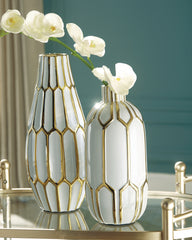 Best Furniture Outlet - Ashley Furniture - Mohsen Vase - Vase Set (Set of 2) / Gold Finish/White - A2000135