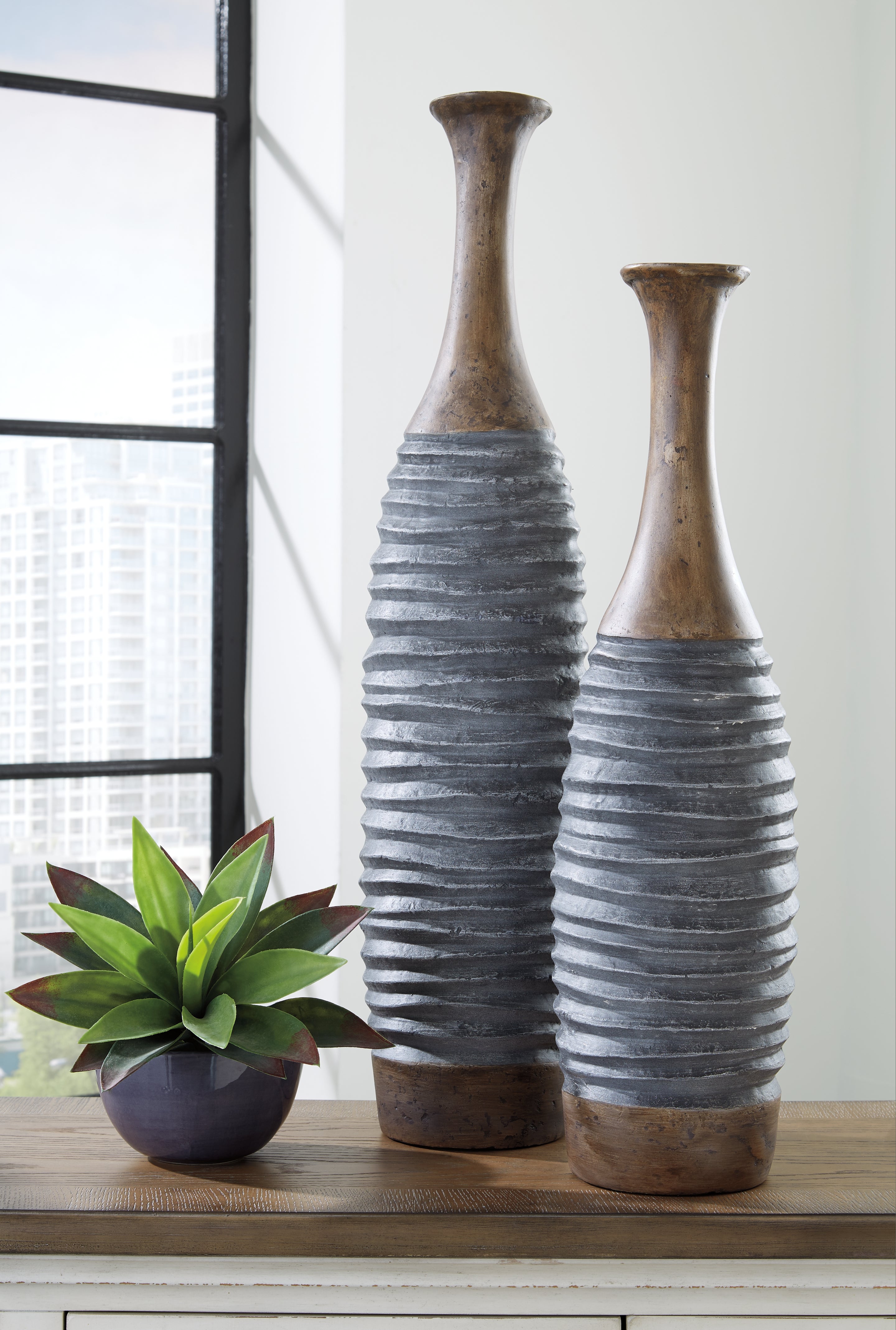Best Furniture Outlet - Ashley Furniture - Blayze Vase - Vase Set (Set of 2) / Antique Gray/Brown - A2000388