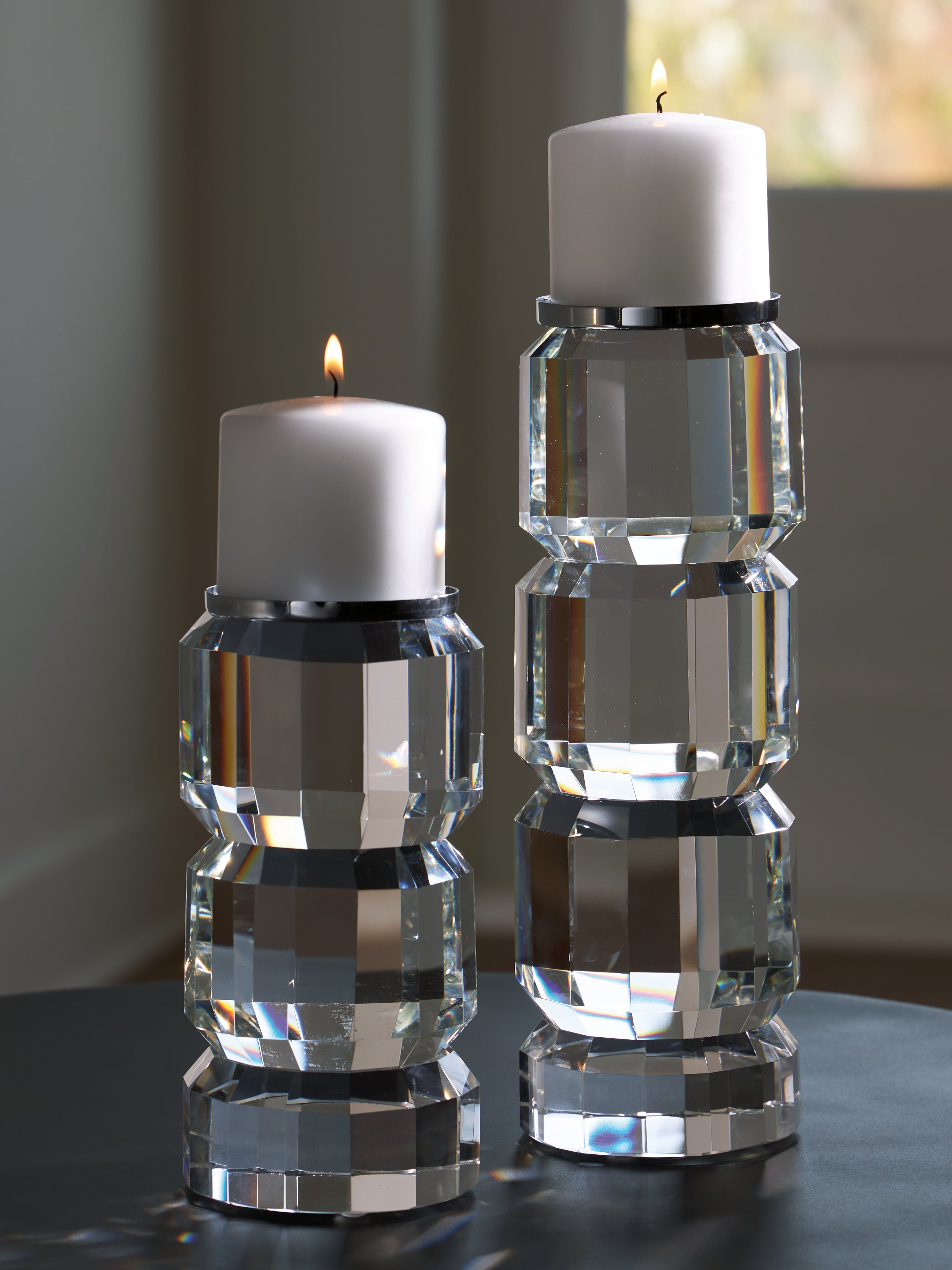 Best Furniture Outlet - Ashley Furniture - Brentley Candle Holder - Candle Holder Set (Set of 2) / Clear/Silver Finish - A2000770