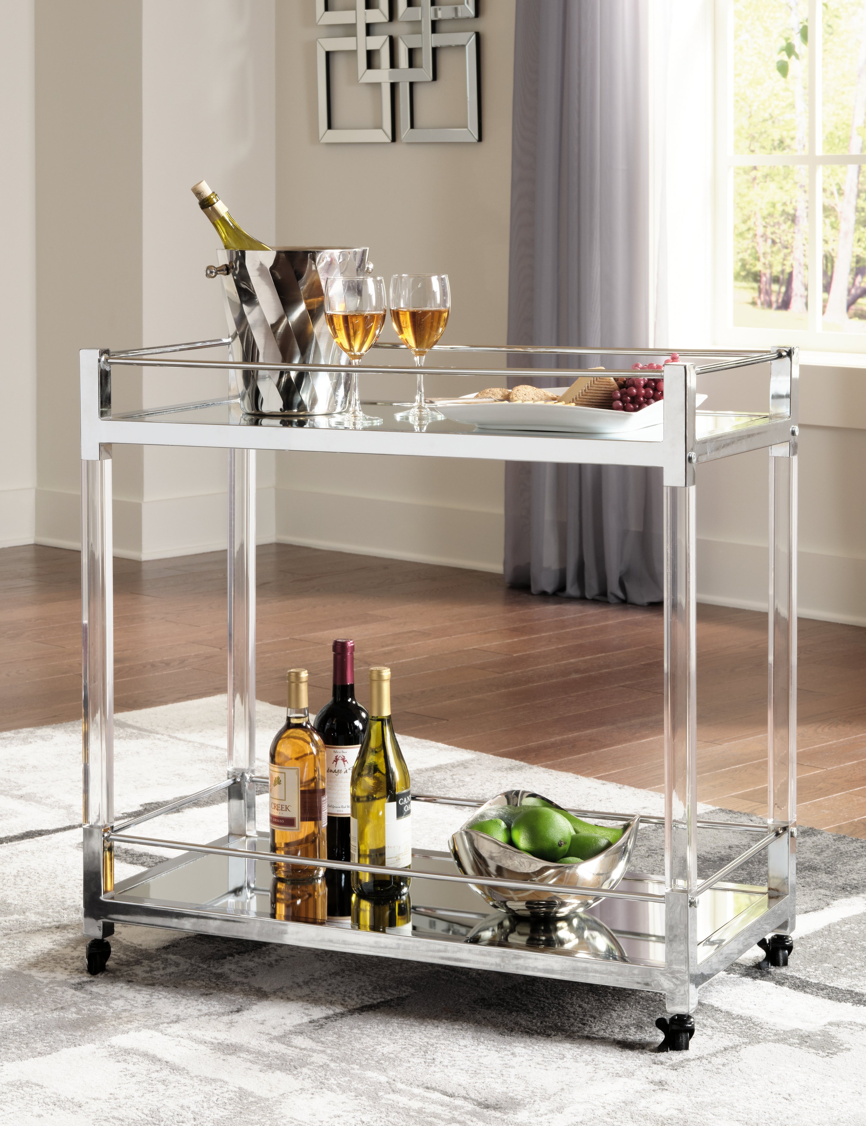 Best Furniture Outlet - Ashley Furniture - Chaseton Bar Cart - Bar Cart / Clear/Silver Finish - A4000501