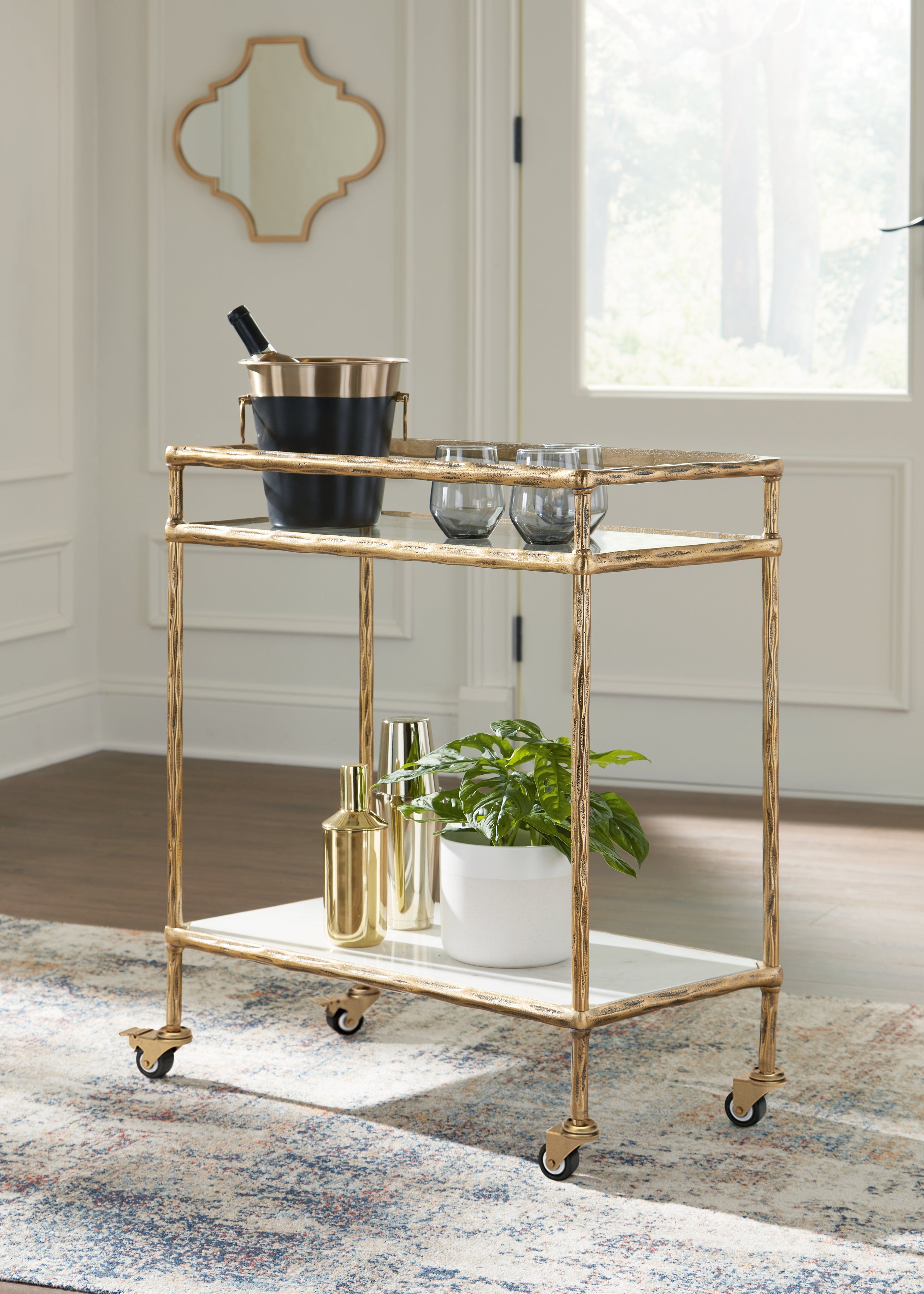 Best Furniture Outlet - Ashley Furniture - Plattfield Bar Cart - Bar Cart / Antique Gold Finish - A4000625