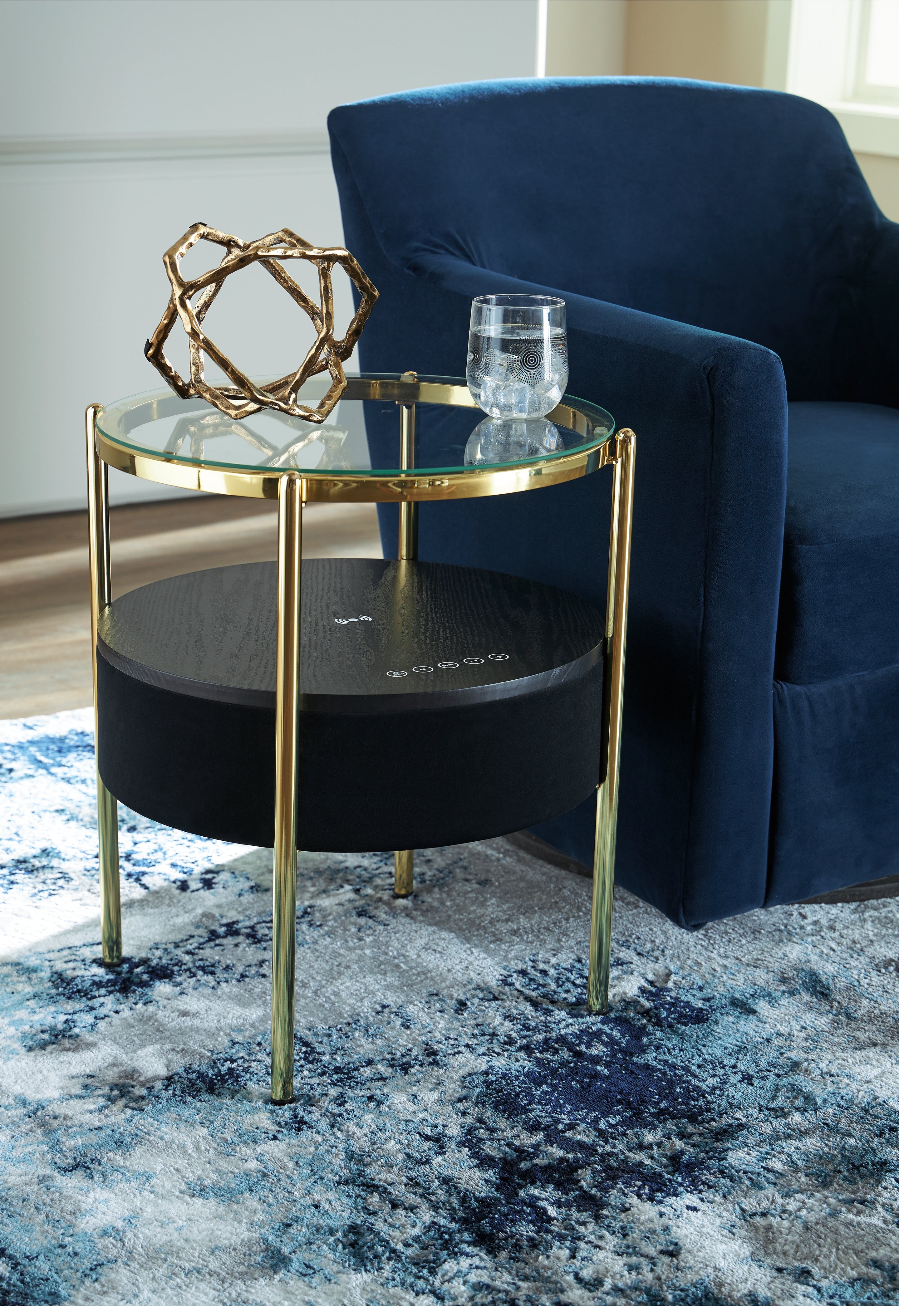 Best Furniture Outlet - Ashley Furniture - Nedman Accent Table with Speaker - Accent Table with Speaker / Black/Gold Finish - A4000669