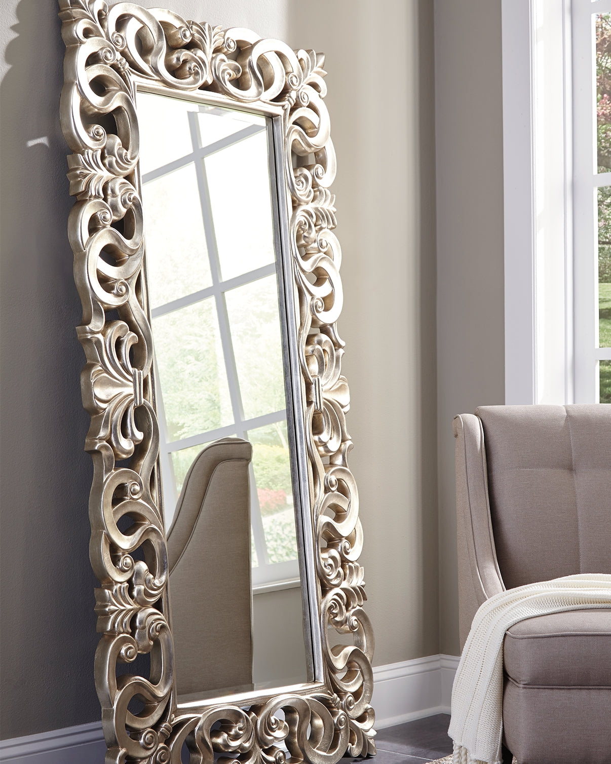 Best Furniture Outlet - Ashley Furniture - Lucia Mirror - Floor Mirror / Antique Silver Finish - A8010123