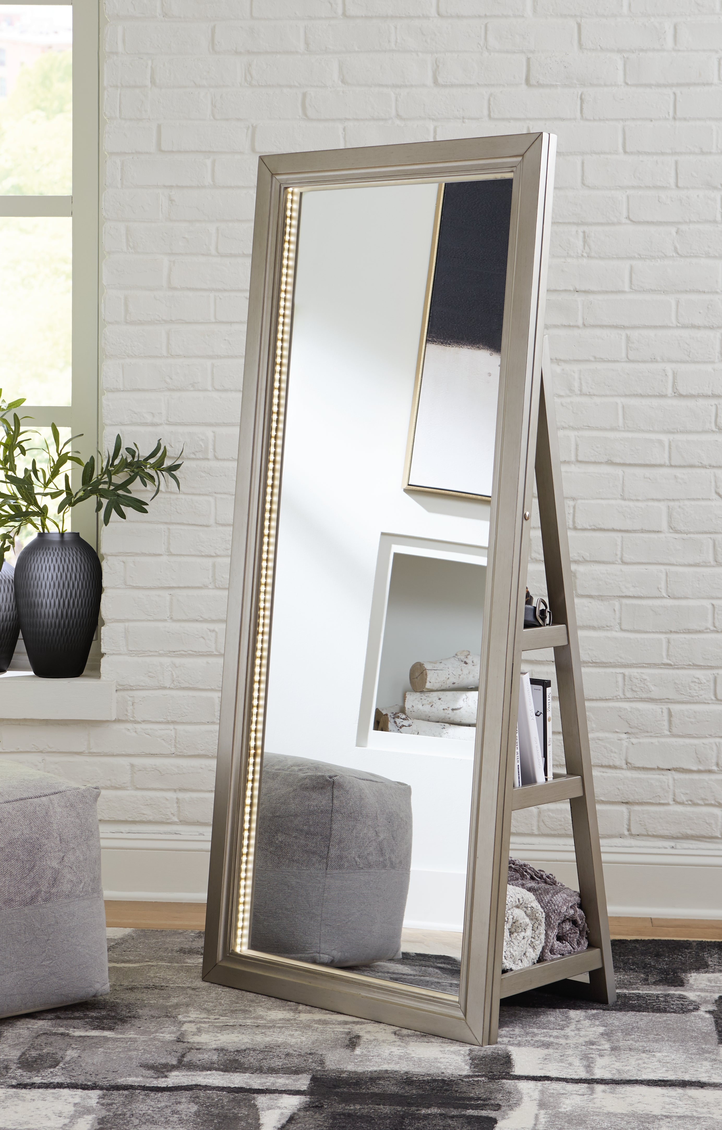 Best Furniture Outlet - Ashley Furniture - Evesen Mirror - Floor Standing Mirror/Storage / White - A8010383