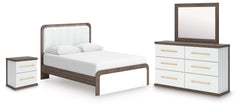 Best Furniture Outlet - Ashley Furniture - Kendanport Bedroom - Queen Upholstered Bed, Dresser, Mirror and Nightstand / White/Brown - PCB1108B10