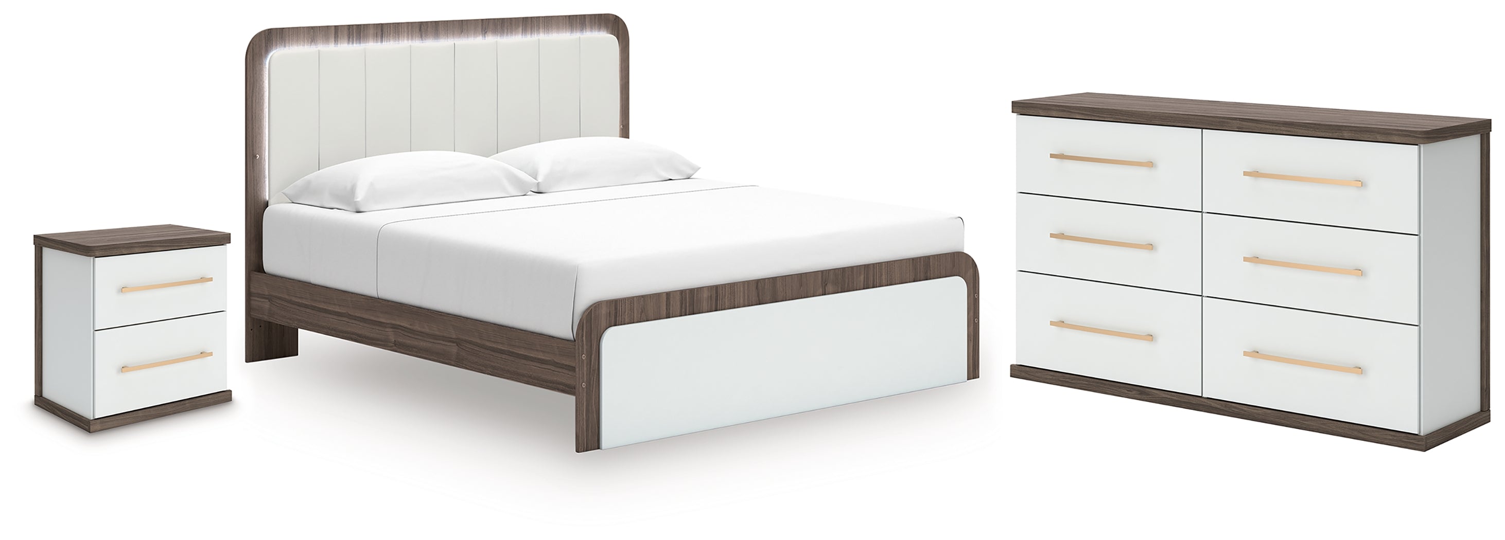 Best Furniture Outlet - Ashley Furniture - Kendanport Bedroom - King Upholstered Bed, Dresser and Nightstand / White/Brown - PCB1108B11
