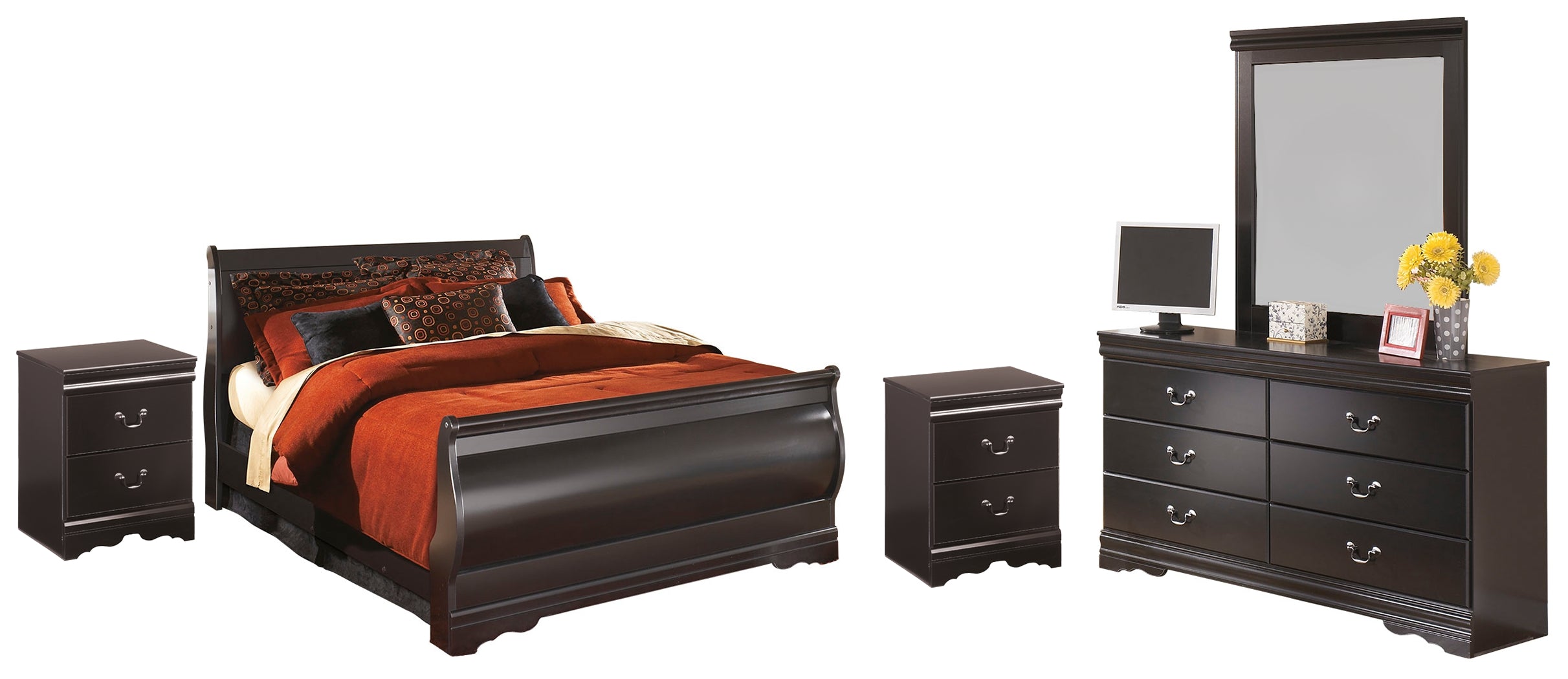 Best Furniture Outlet - Ashley Furniture - Huey Vineyard Bedroom - Full Sleigh Bed with Mirrored Dresser and 2 Nightstands / Black - B128B11