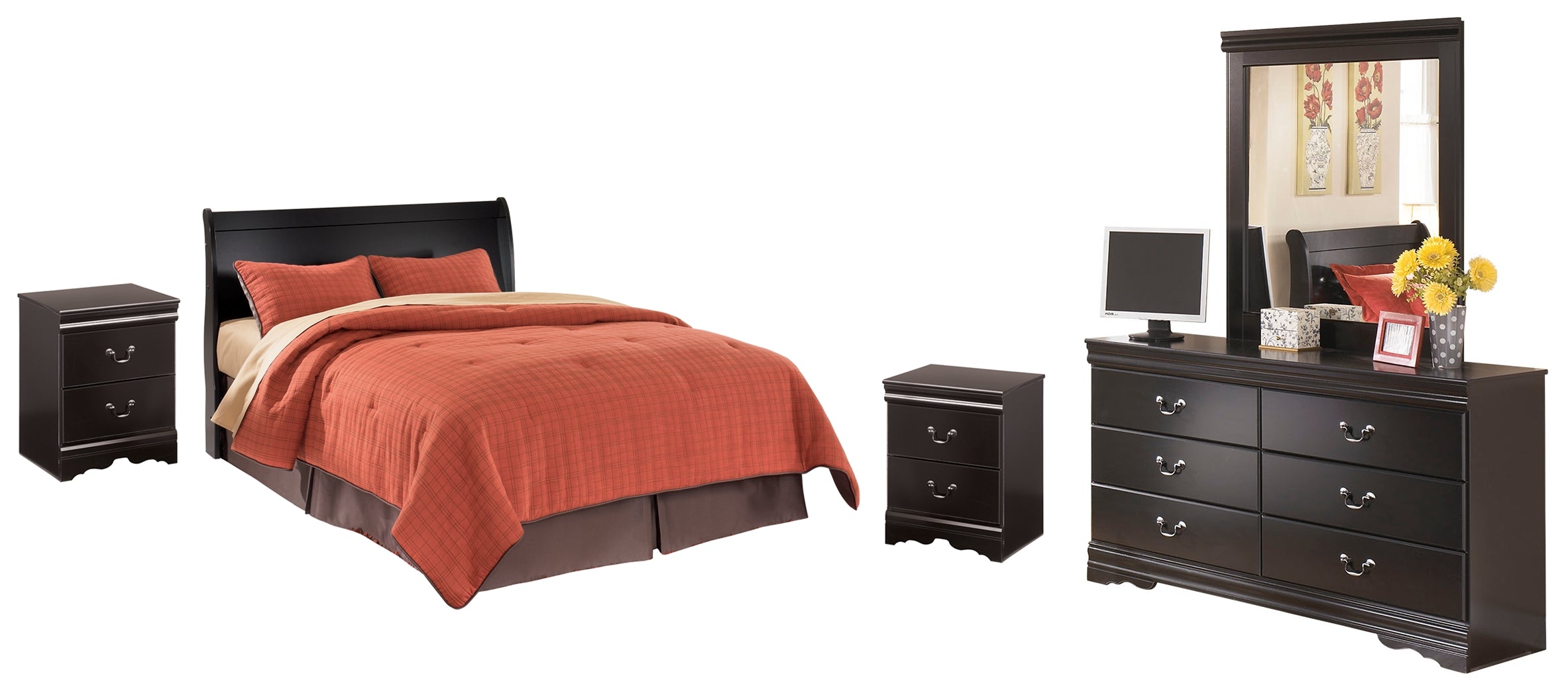 Best Furniture Outlet - Ashley Furniture - Huey Vineyard Bedroom - Queen Sleigh Headboard with Dresser, Mirror and 2 Nightstands / Black - B128B21