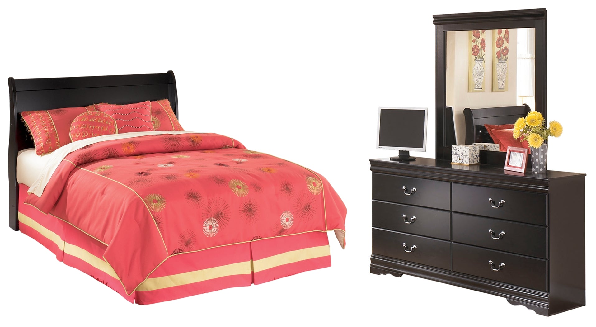Best Furniture Outlet - Ashley Furniture - Huey Vineyard Bedroom - Full Sleigh Headboard, Dresser and Mirror / Black - B128B46