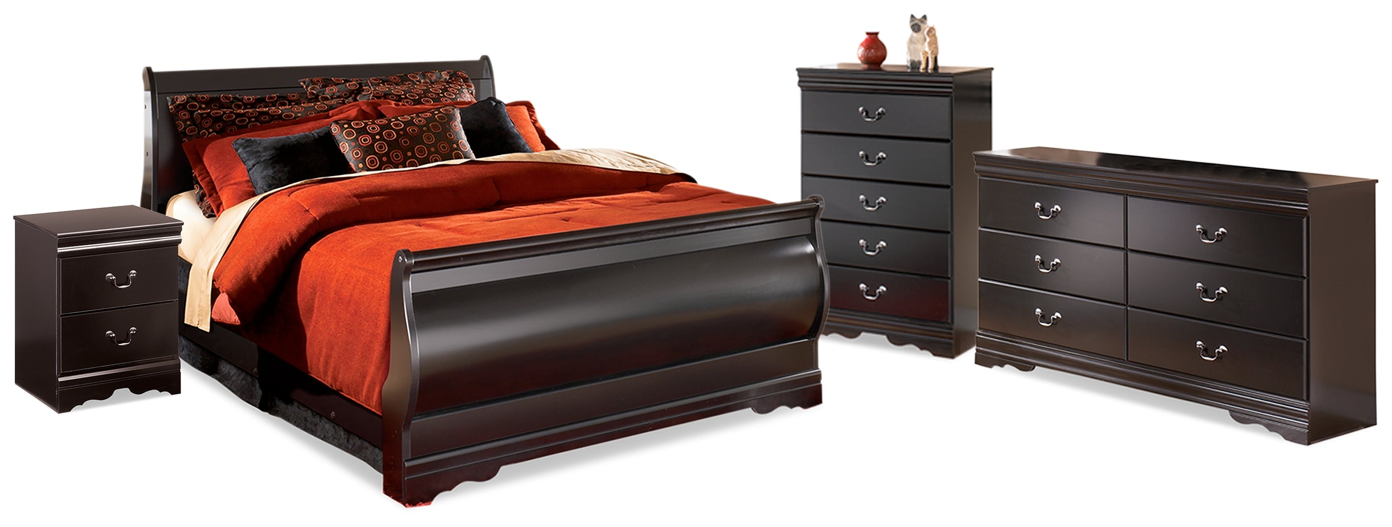 Best Furniture Outlet - Ashley Furniture - Huey Vineyard Bedroom - Full Sleigh Bed, Dresser, Mirror, Chest and Nightstand / Black - B128B35
