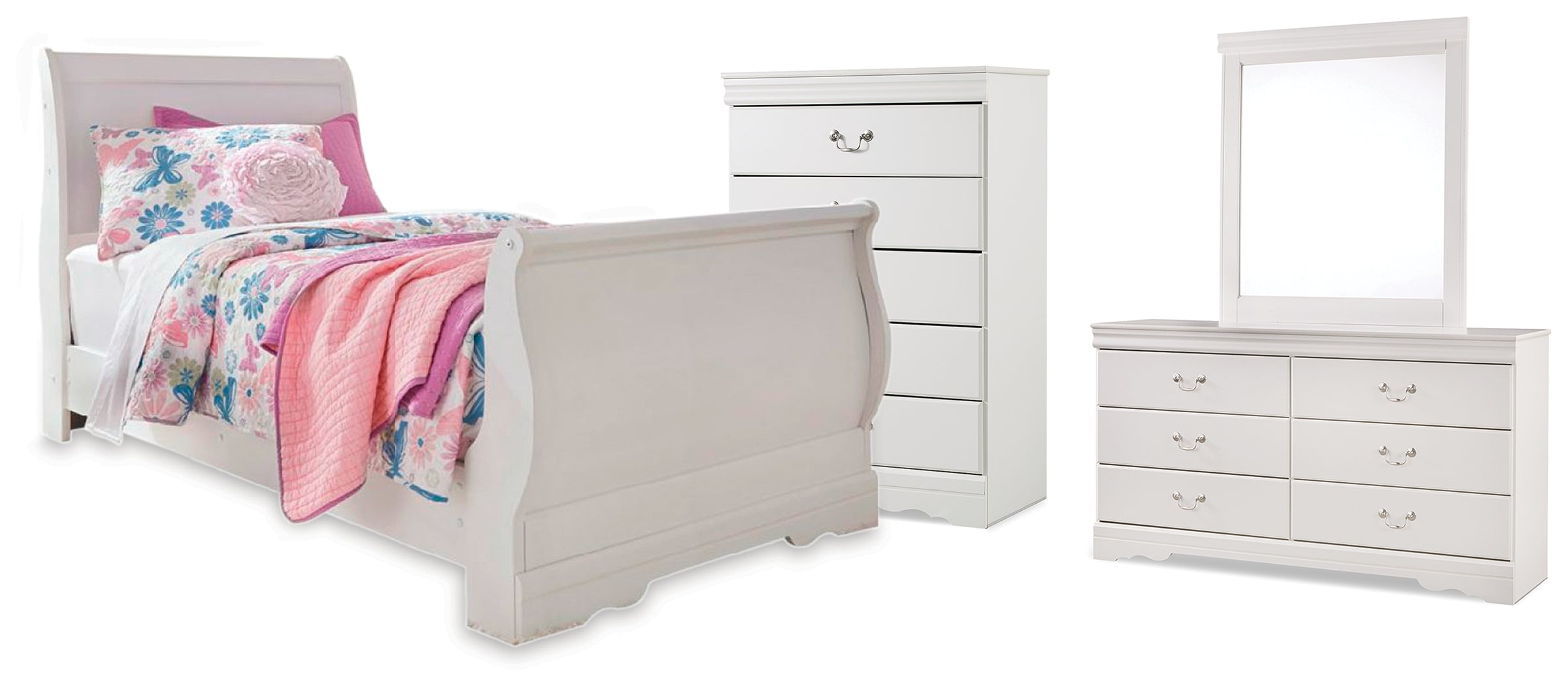 Best Furniture Outlet - Ashley Furniture - Anarasia Bedroom - Twin Sleigh Bed, Dresser, Mirror and Chest / White - B129B21