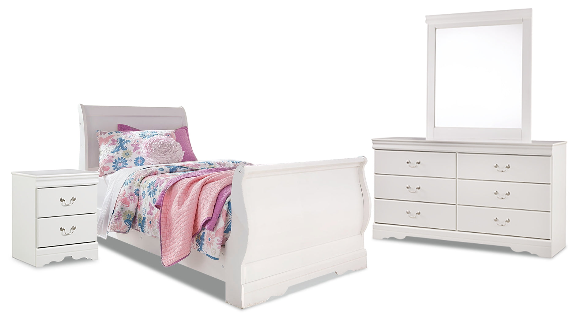 Best Furniture Outlet - Ashley Furniture - Anarasia Bedroom - Twin Sleigh Bed, Dresser, Mirror and Nightstand / White - B129B10