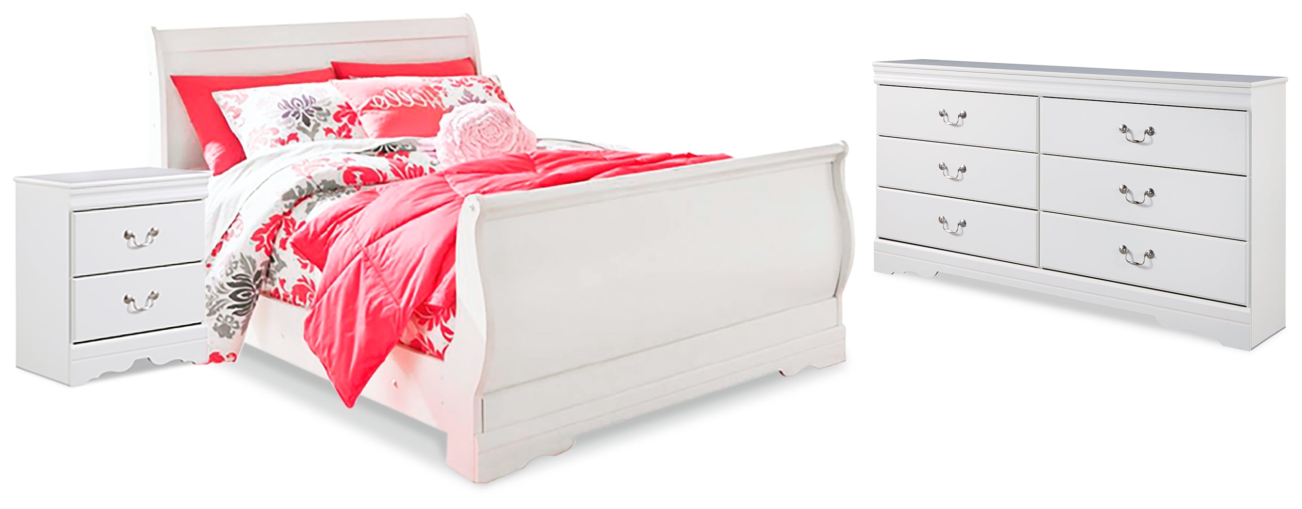 Best Furniture Outlet - Ashley Furniture - Anarasia Bedroom - Full Sleigh Bed, Dresser and Nightstand / White - B129B17
