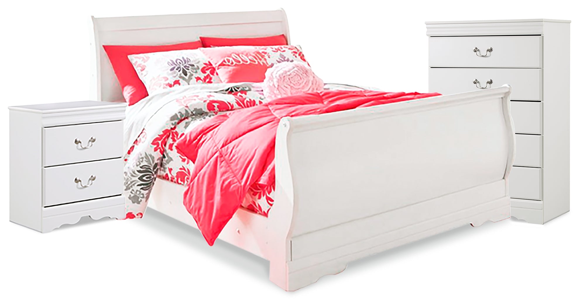 Best Furniture Outlet - Ashley Furniture - Anarasia Bedroom - Full Sleigh Bed, Chest and Nightstand / White - B129B22