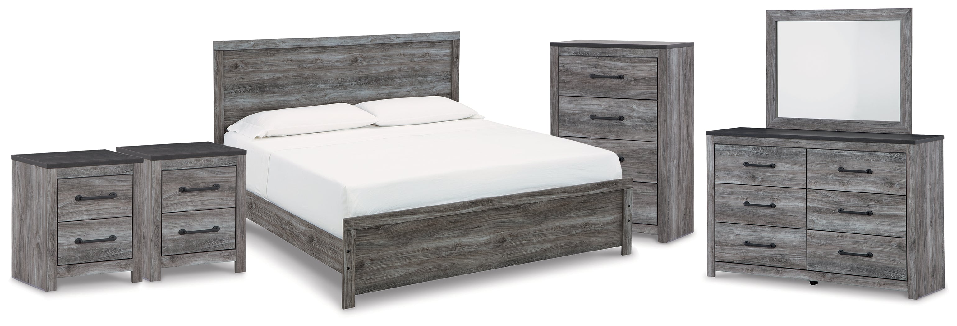 Best Furniture Outlet - Ashley Furniture - Bronyan Bedroom - King Panel Bed, Dresser, Mirror, Chest and 2 Nightstands / Dark Gray - B1290B8
