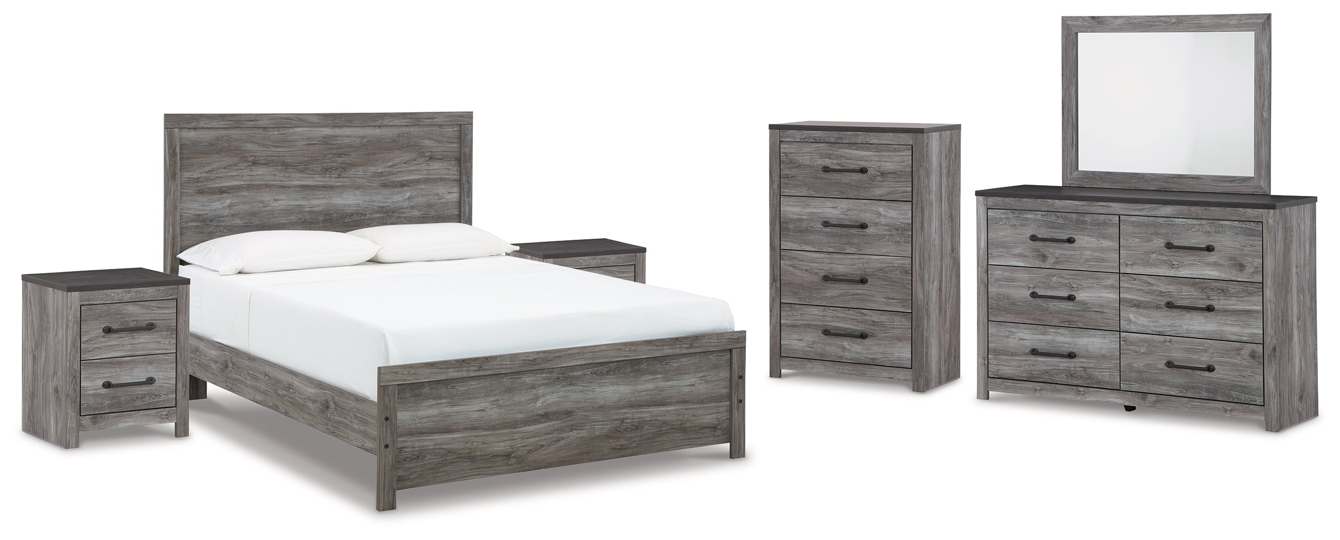 Best Furniture Outlet - Ashley Furniture - Bronyan Bedroom - Queen Panel Bed, Dresser, Mirror, Chest and 2 Nightstands / Dark Gray - B1290B10