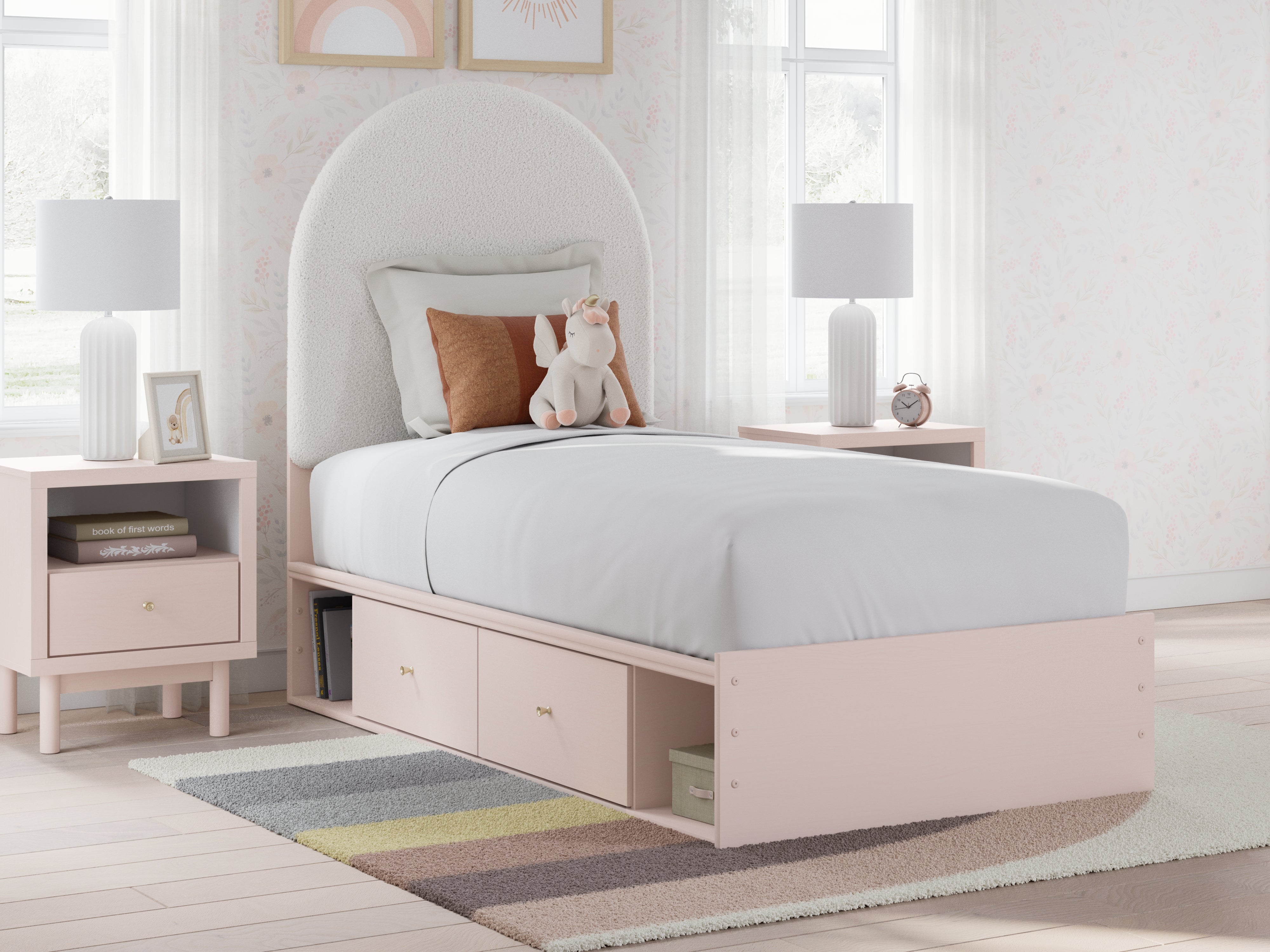 Best Furniture Outlet - Ashley Furniture - Wistenpine Bedroom - Twin Upholstered Panel Bed with Storage / Blush - B1323B12