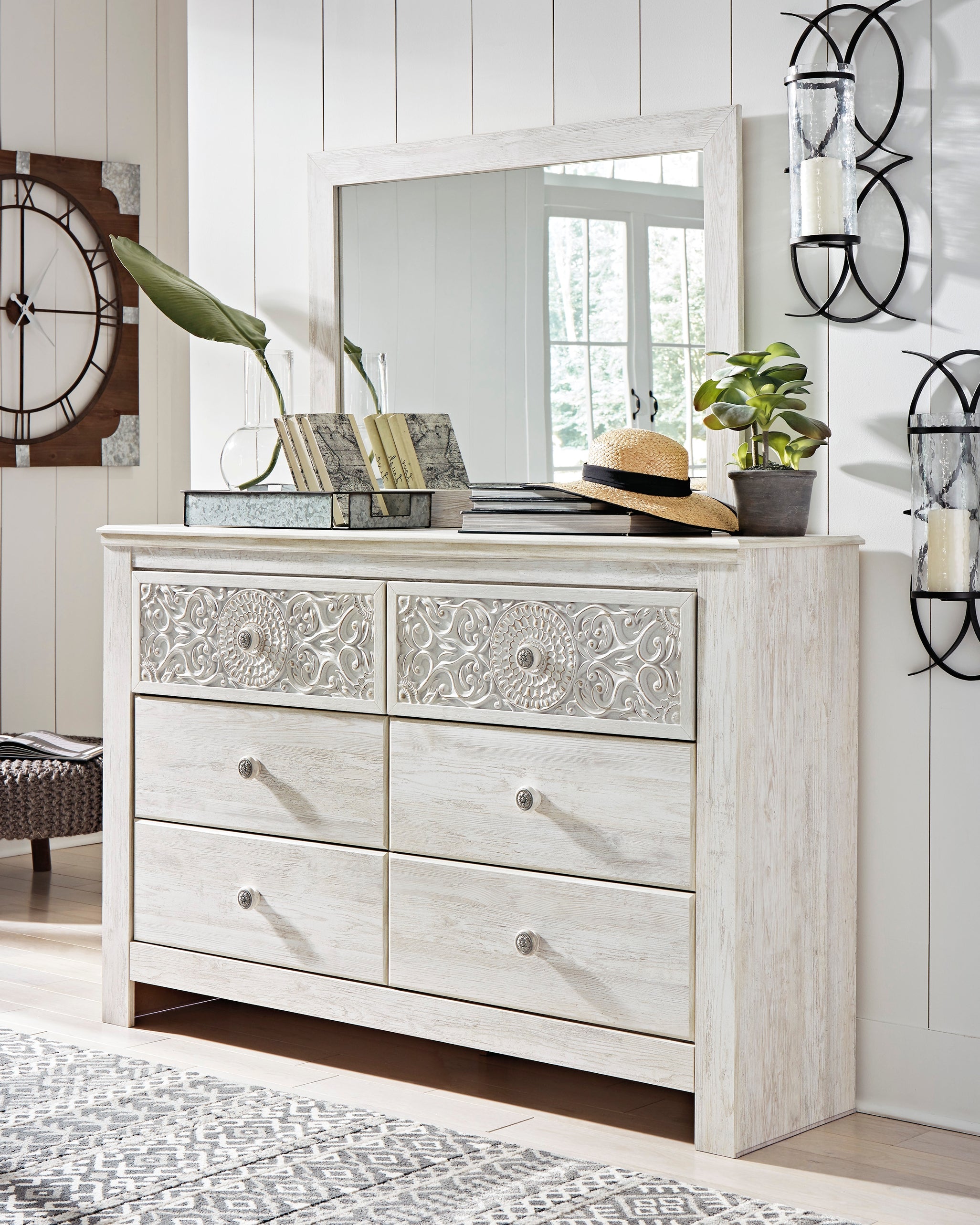 Best Furniture Outlet - Ashley Furniture - Paxberry Bedroom - Dresser and Mirror / Whitewash - B181B8