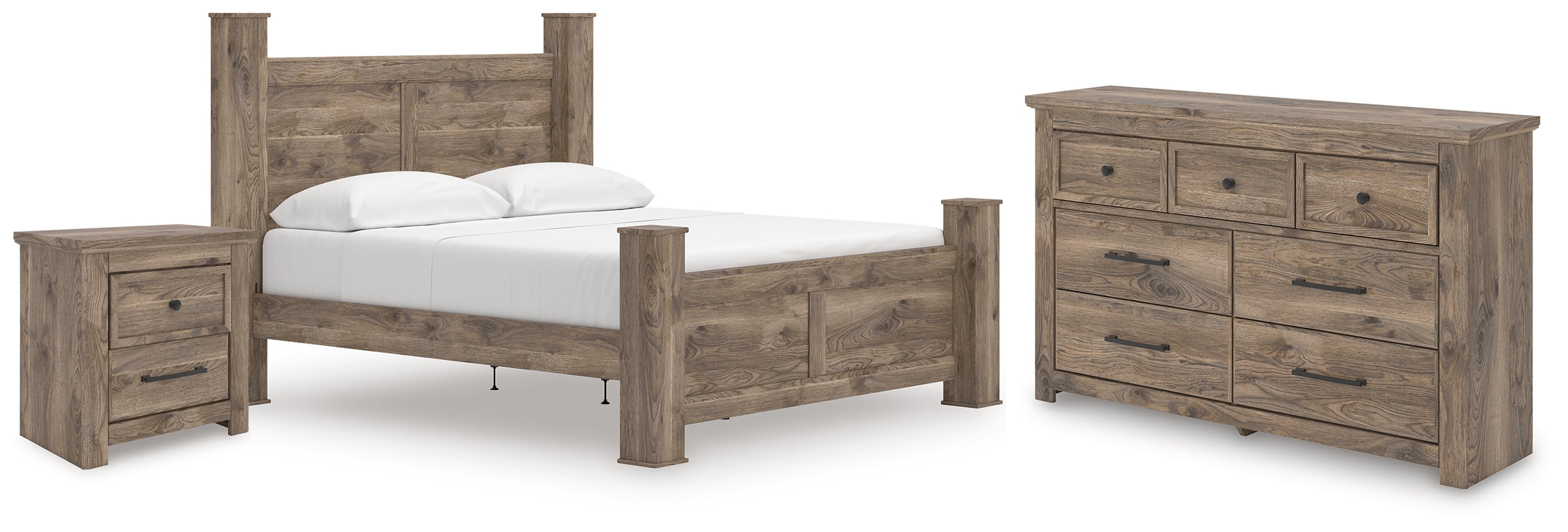 Best Furniture Outlet - Ashley Furniture - Rusticott Bedroom - King Poster Bed, Dresser and Nightstand / Brown - PCB2260B9