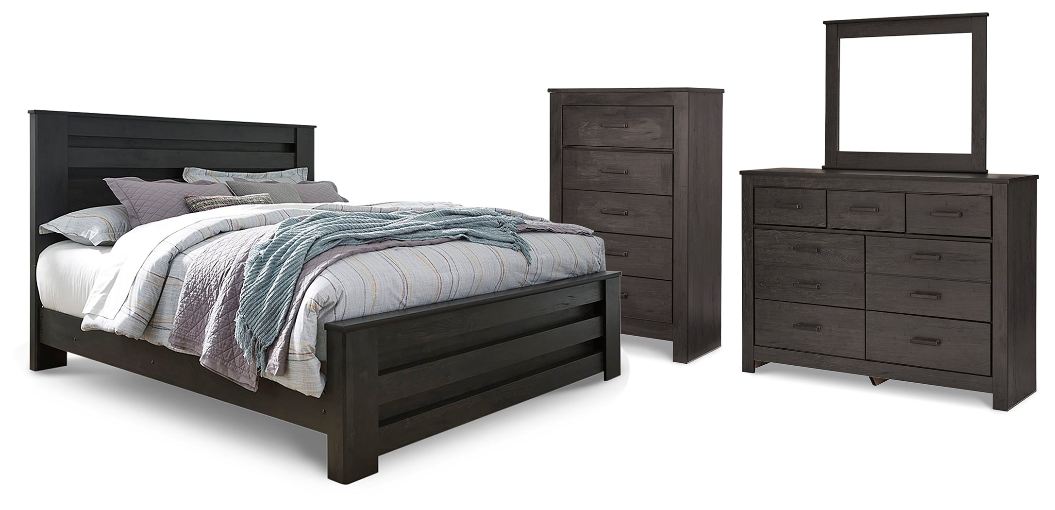Best Furniture Outlet - Ashley Furniture - Brinxton Bedroom - King Panel Bed, Dresser, Mirror and Chest / Charcoal - B249B26