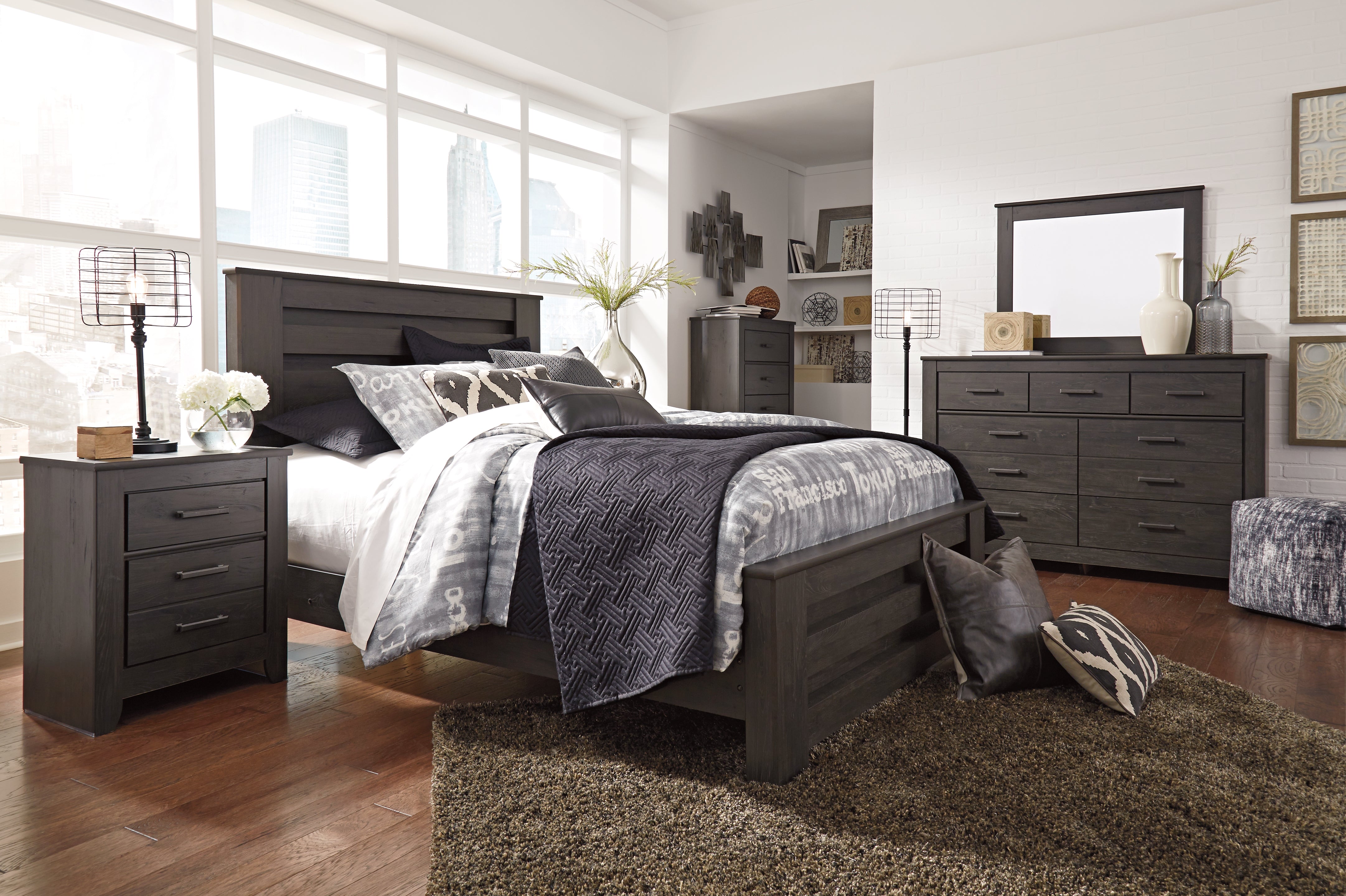 Best Furniture Outlet - Ashley Furniture - Brinxton Bedroom - Queen Panel Bed, Dresser, Mirror, Chest and Nightstand / Charcoal - B249B21