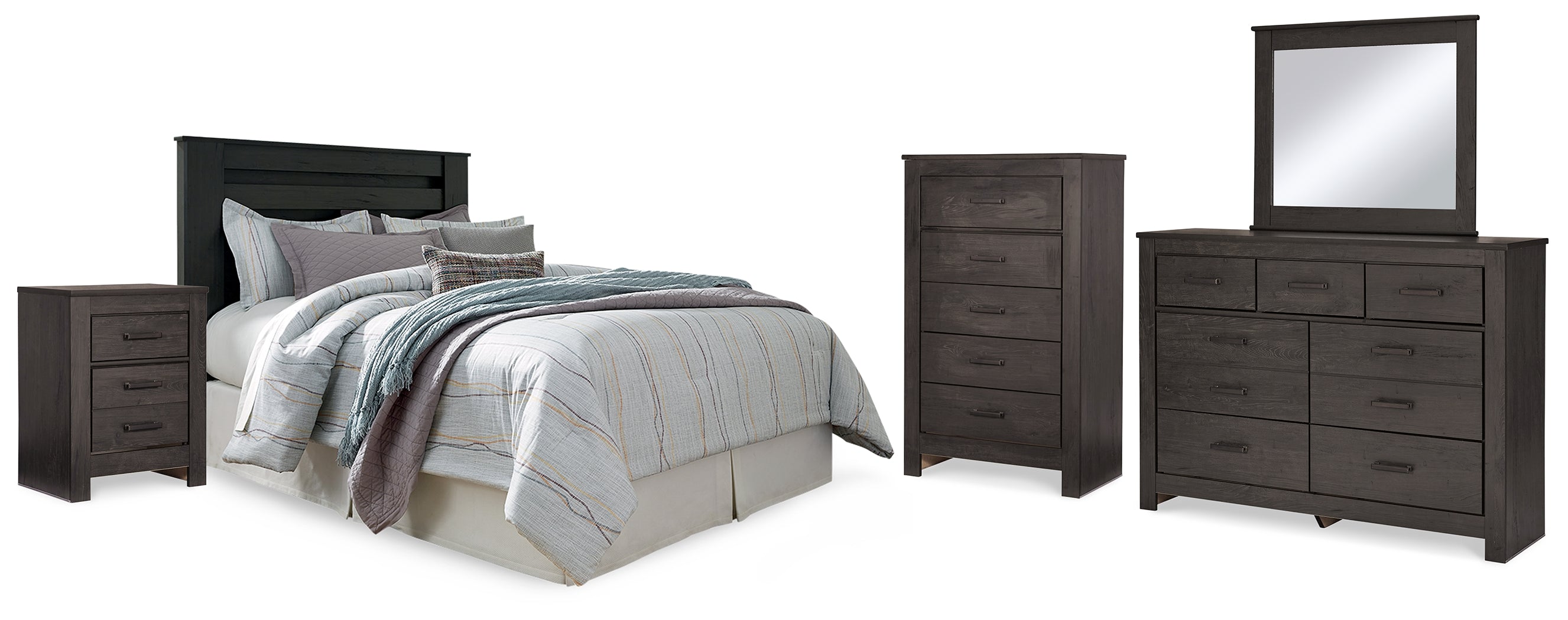 Best Furniture Outlet - Ashley Furniture - Brinxton Bedroom - King Panel Headboard, Dresser, Mirror, Chest and 2 Nightstands / Charcoal - B249B15