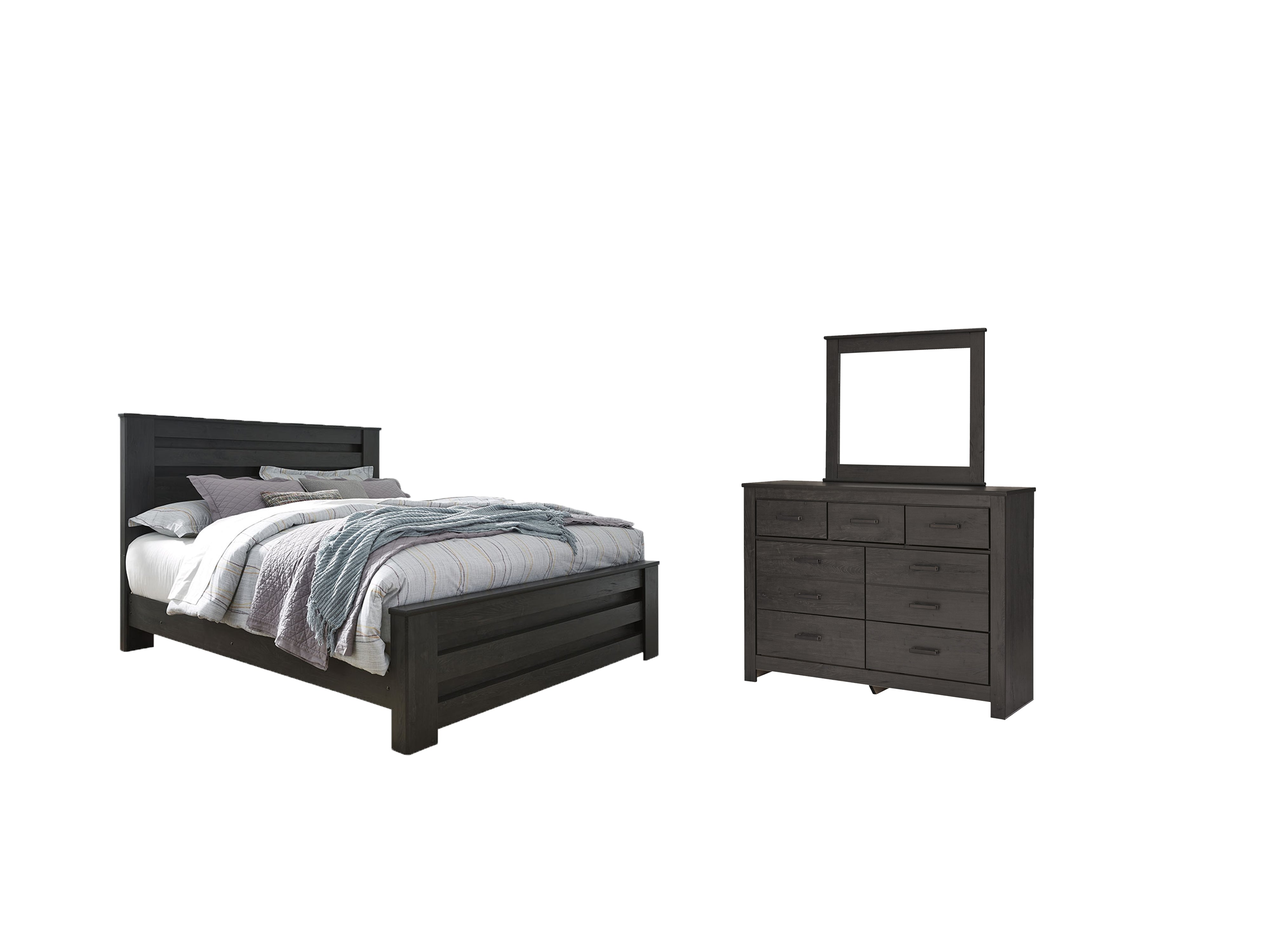 Best Furniture Outlet - Ashley Furniture - Brinxton Bedroom - King Panel Bed, Dresser and Mirror / Charcoal - B249B20
