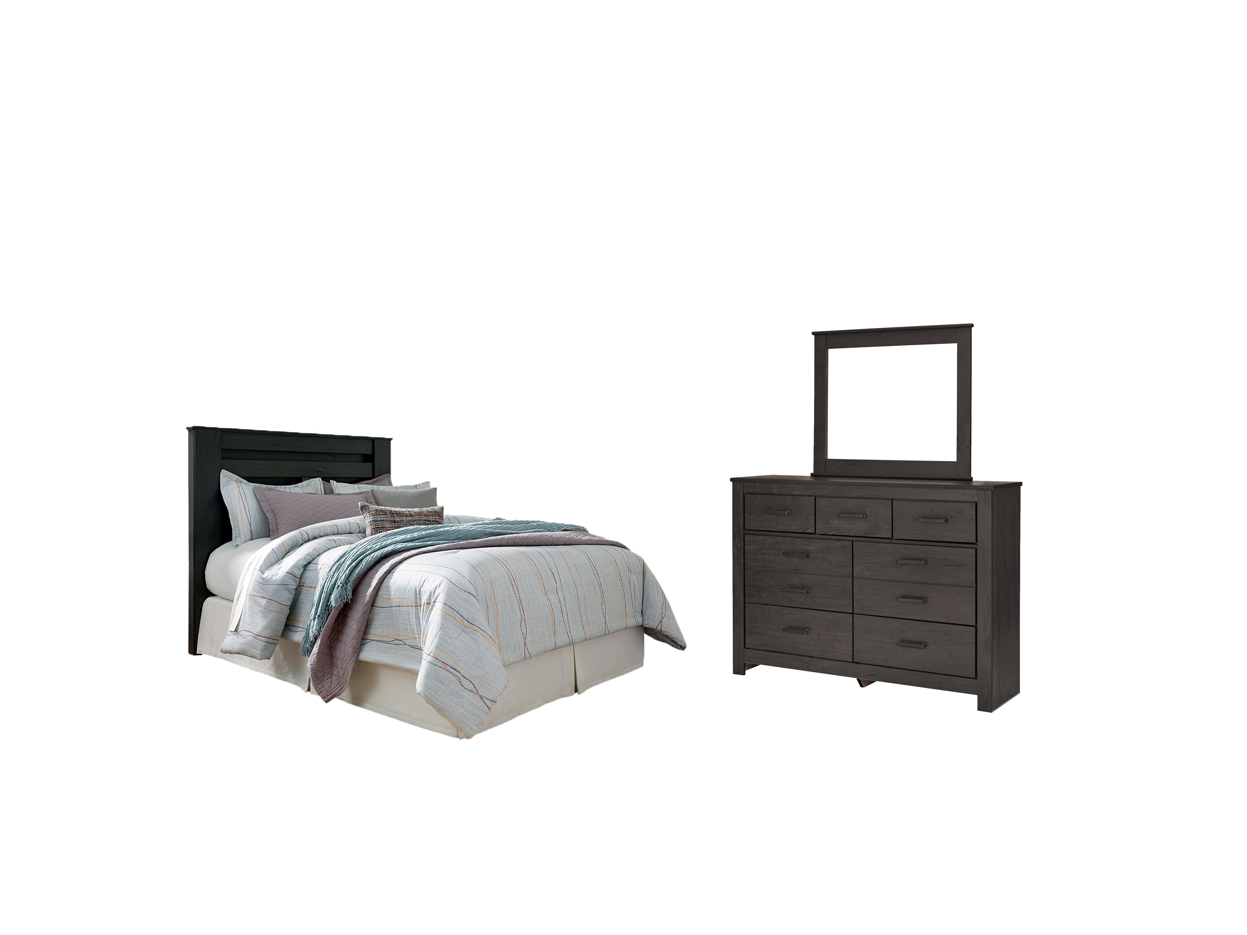 Best Furniture Outlet - Ashley Furniture - Brinxton Bedroom - King/California King Panel Headboard, Dresser and Mirror / Charcoal - B249B17