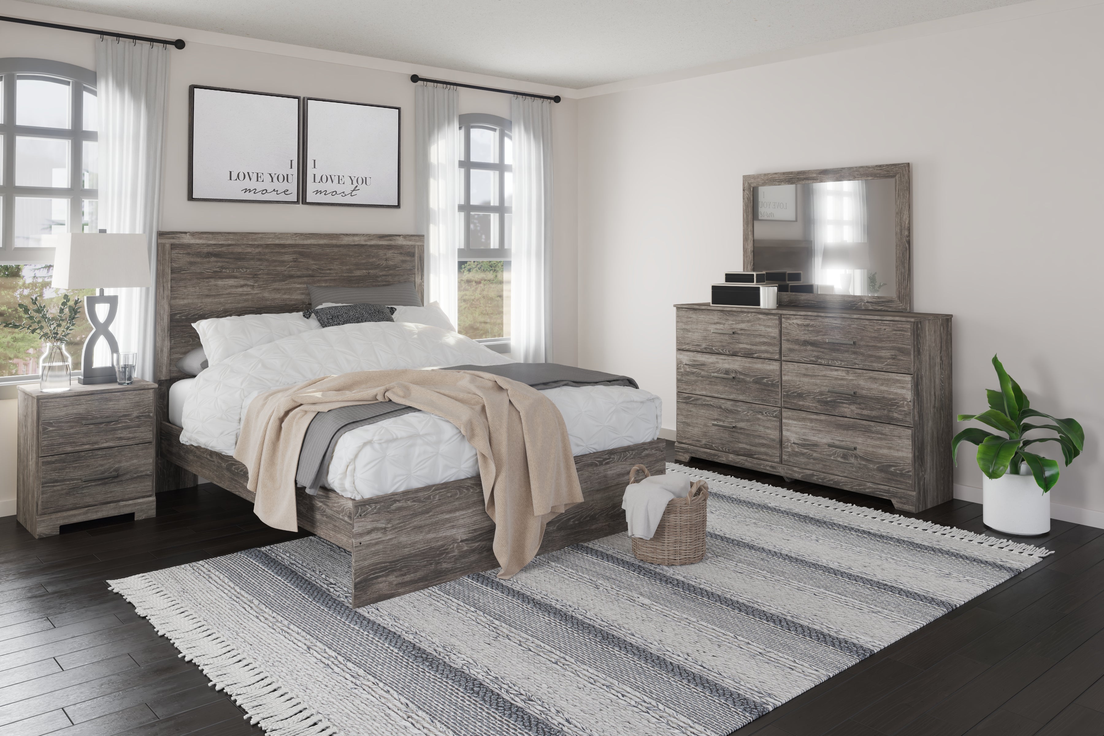 Best Furniture Outlet - Ashley Furniture - Ralinksi Bedroom - Queen Panel Bed, Dresser, Mirror, and Nightstand / Gray - B2587B7