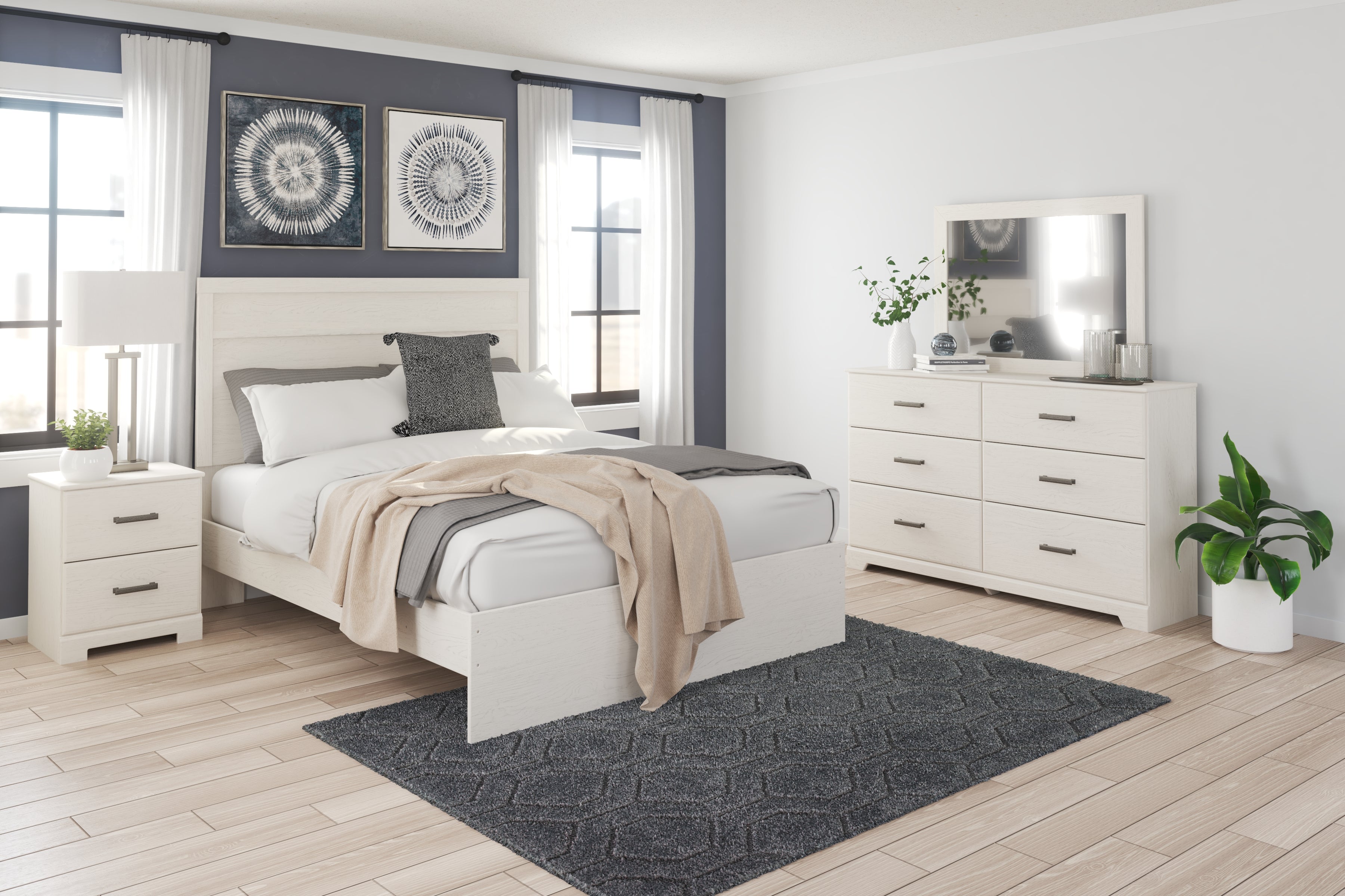 Best Furniture Outlet - Ashley Furniture - Stelsie Bedroom - Queen Panel Bed with Dresser, Mirror and Nightstand / White - B2588B7