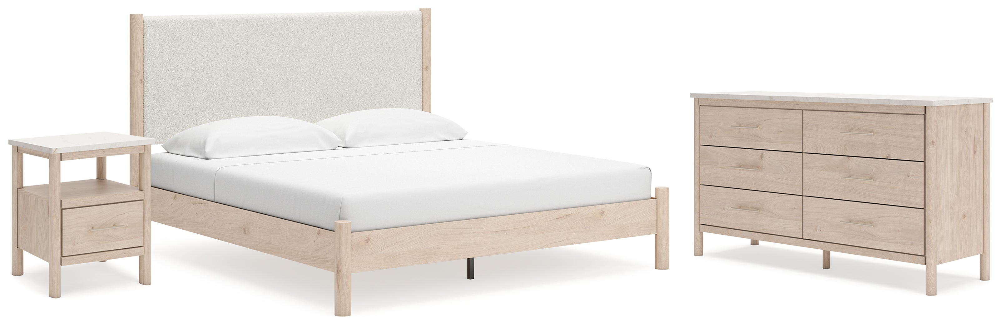 Best Furniture Outlet - Ashley Furniture - Cadmori Bedroom - King Upholstered Panel Bed, Dresser and Nightstand / Two-tone - B2615B11