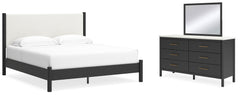 Best Furniture Outlet - Ashley Furniture - Cadmori Bedroom - King Upholstered Panel Bed, Dresser and Mirror / Black/White - B2616B9