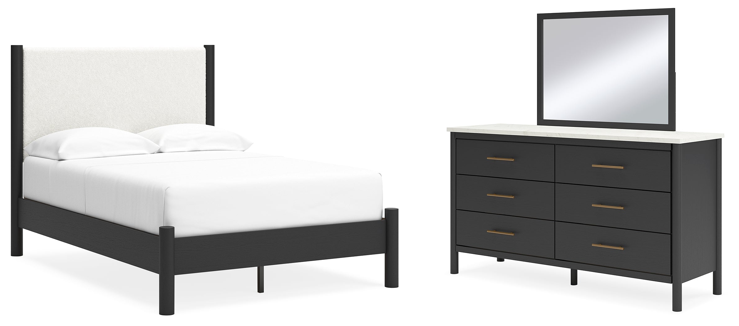 Best Furniture Outlet - Ashley Furniture - Cadmori Bedroom - Full Upholstered Panel Bed, Dresser and Mirror / Black/White - B2616B5