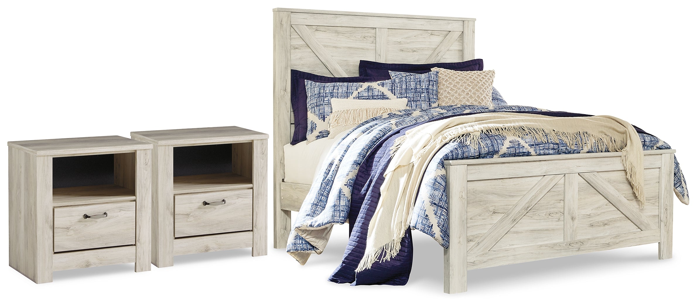 Best Furniture Outlet - Ashley Furniture - Bellaby Bedroom - Queen Crossbuck Panel Bed and 2 Nightstands / Whitewash - B331B16
