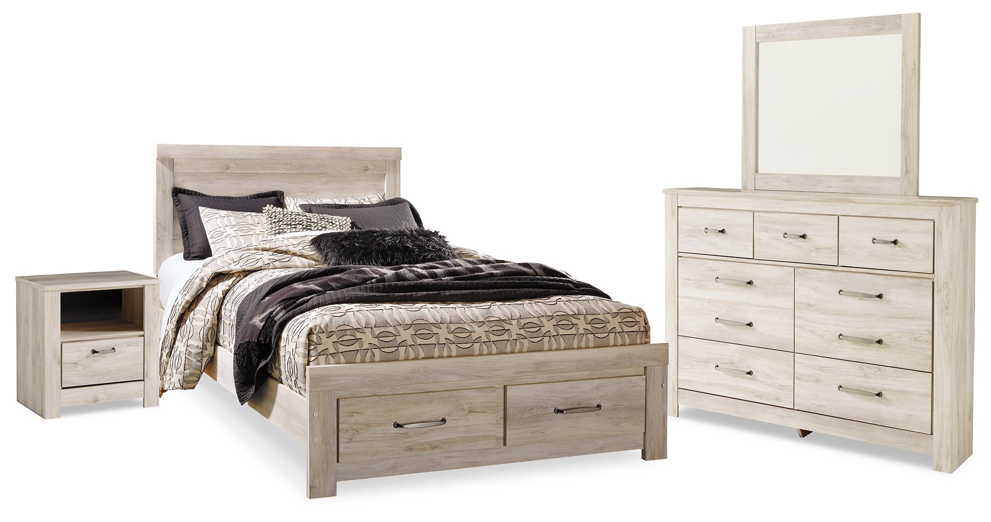 Best Furniture Outlet - Ashley Furniture - Bellaby Bedroom - Queen Panel Storage Bed, Dresser, Mirror and Nightstand / Whitewash - B331B11