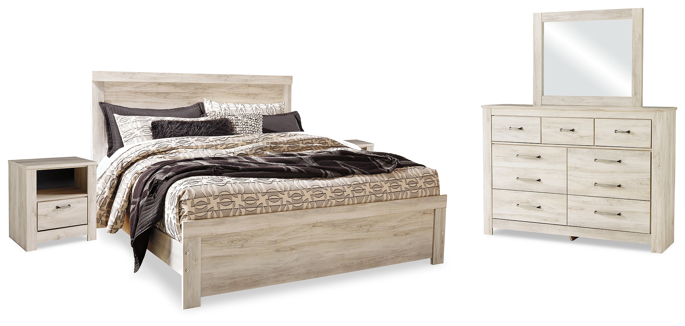 Best Furniture Outlet - Ashley Furniture - Bellaby Bedroom - King Panel Bed, Dresser, Mirror and 2 Nightstands / Whitewash - B331B22