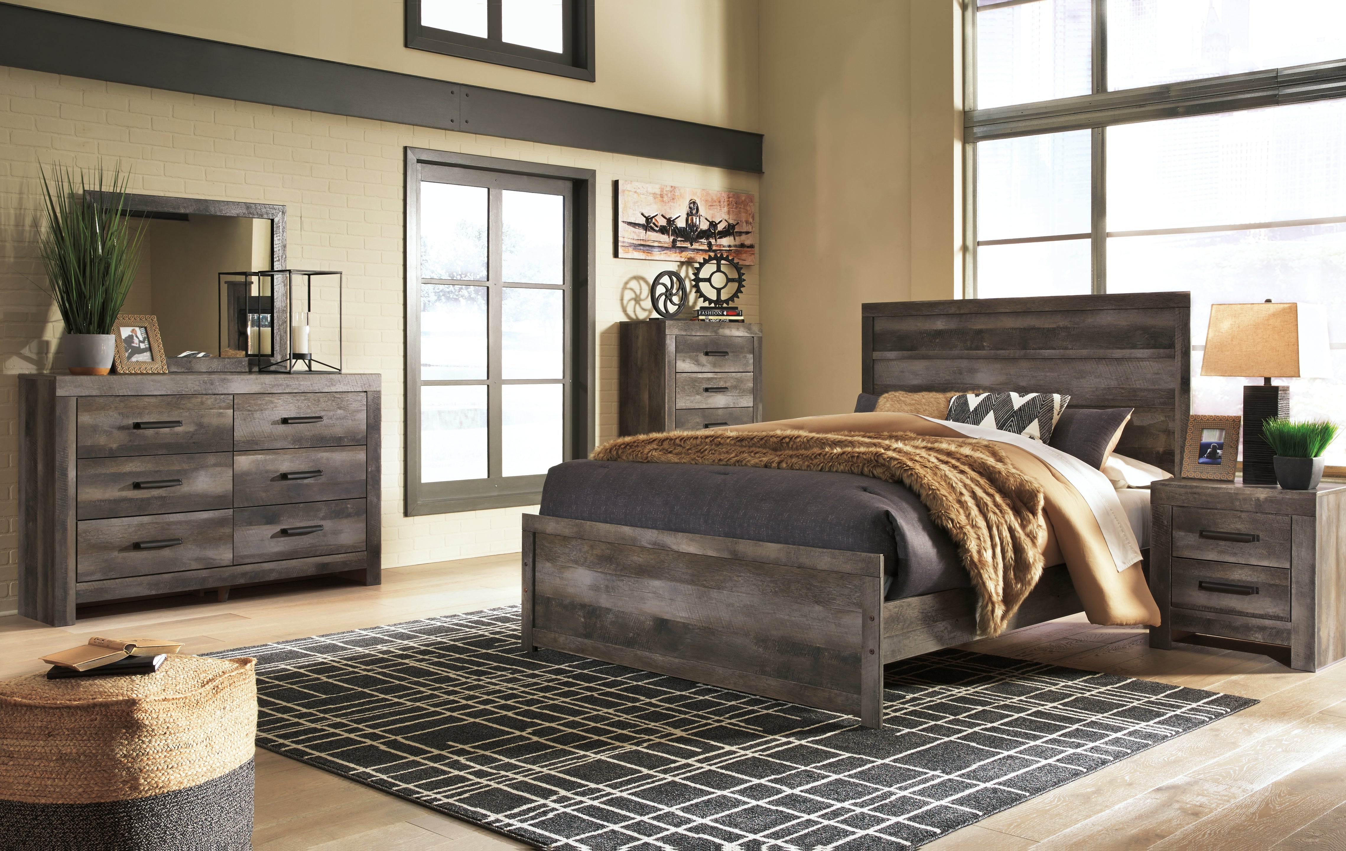 Best Furniture Outlet - Ashley Furniture - Wynnlow Bedroom - Queen Panel Bed, Dresser, Mirror, Chest and 2 Nightstands / Gray - B440B41