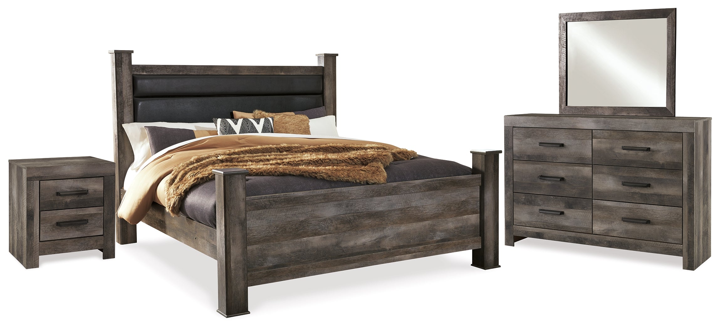 Best Furniture Outlet - Ashley Furniture - Wynnlow Bedroom - King Poster Bed, Dresser, Mirror and Nightstand / Gray - B440B29