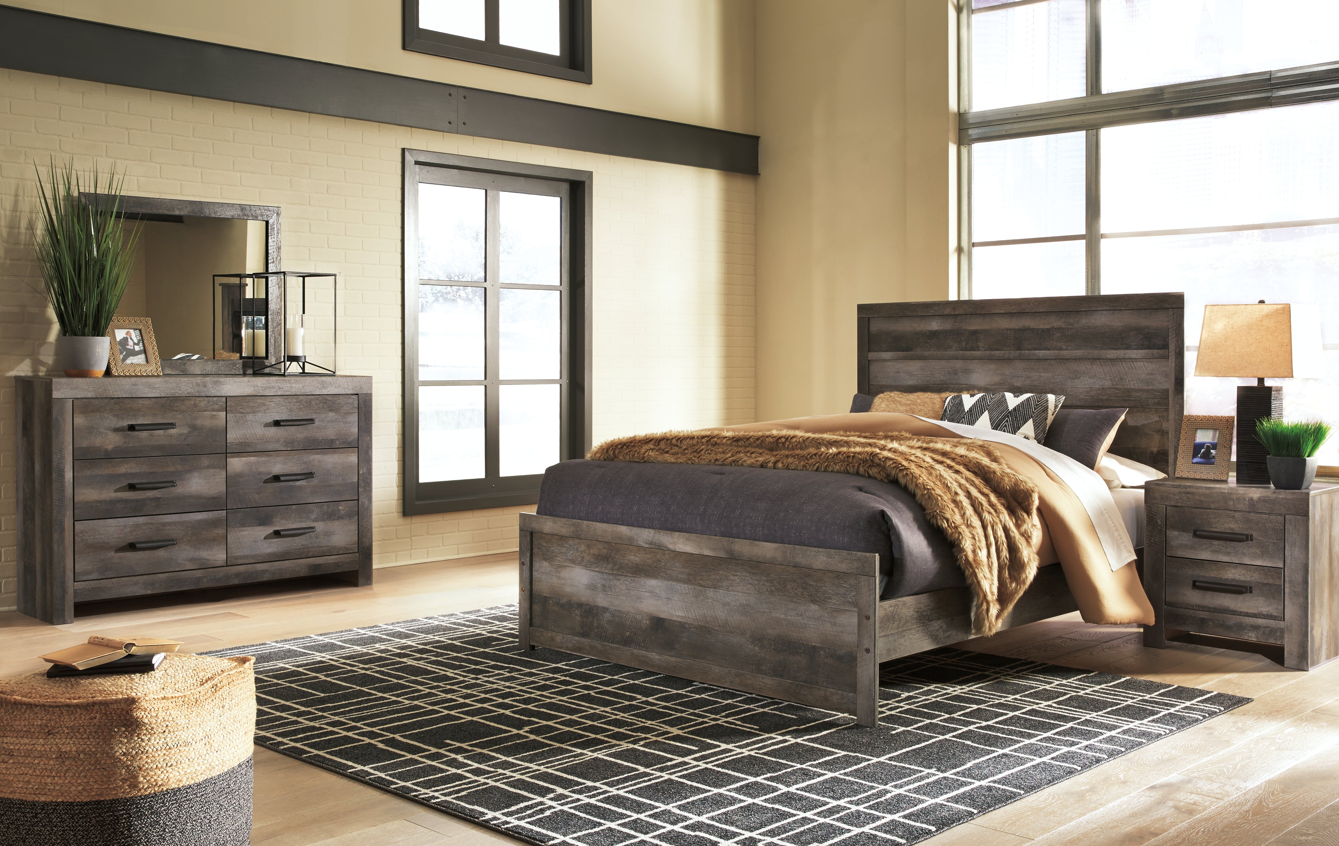 Best Furniture Outlet - Ashley Furniture - Wynnlow Bedroom - Queen Panel Bed, Dresser, Mirror, and Nightstand / Gray - B440B25