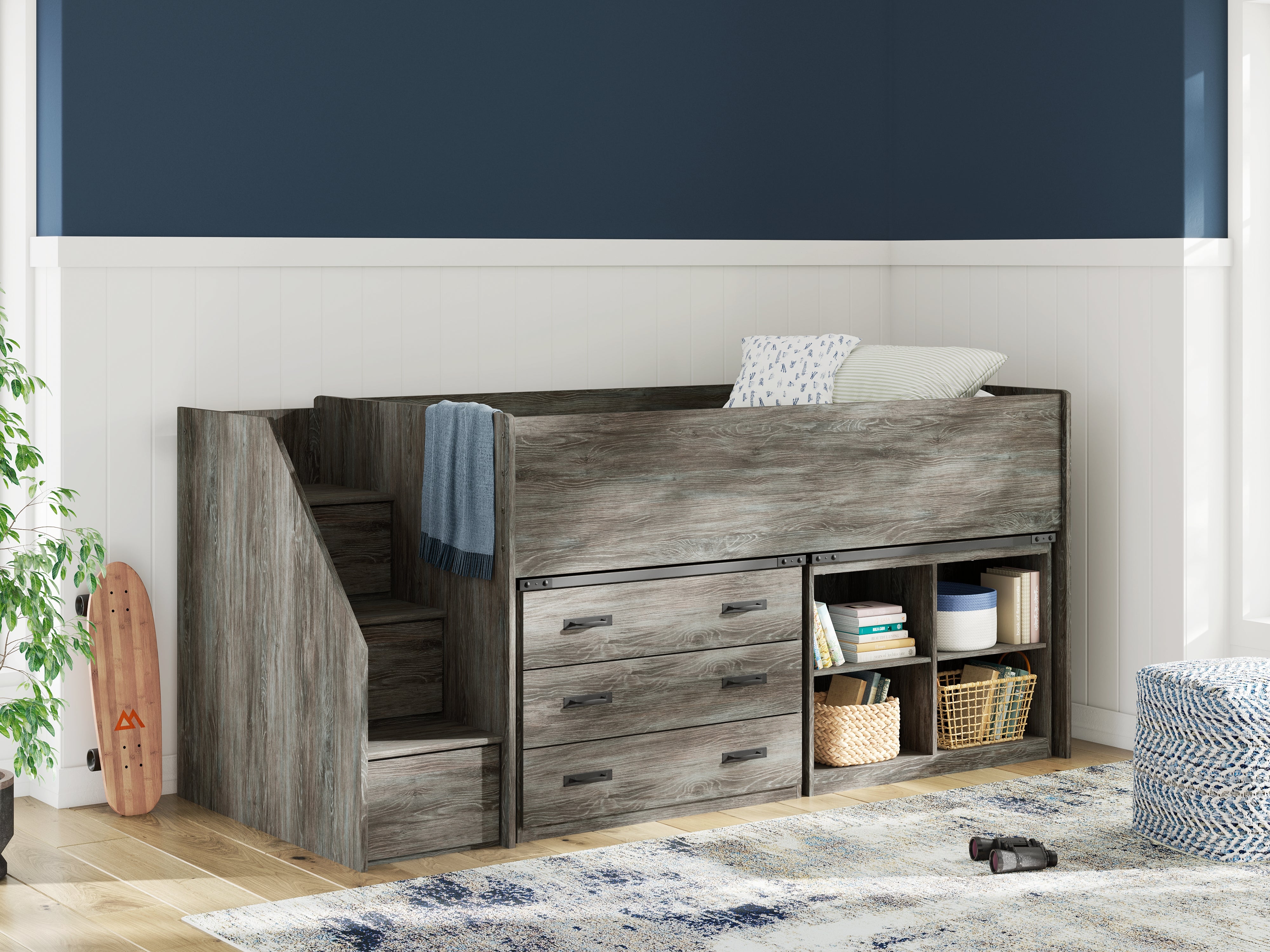 Best Furniture Outlet - Ashley Furniture - Frandern Bedroom - Twin Loft Bed with Bookcase and Drawer Storage / Gray - B4480B16