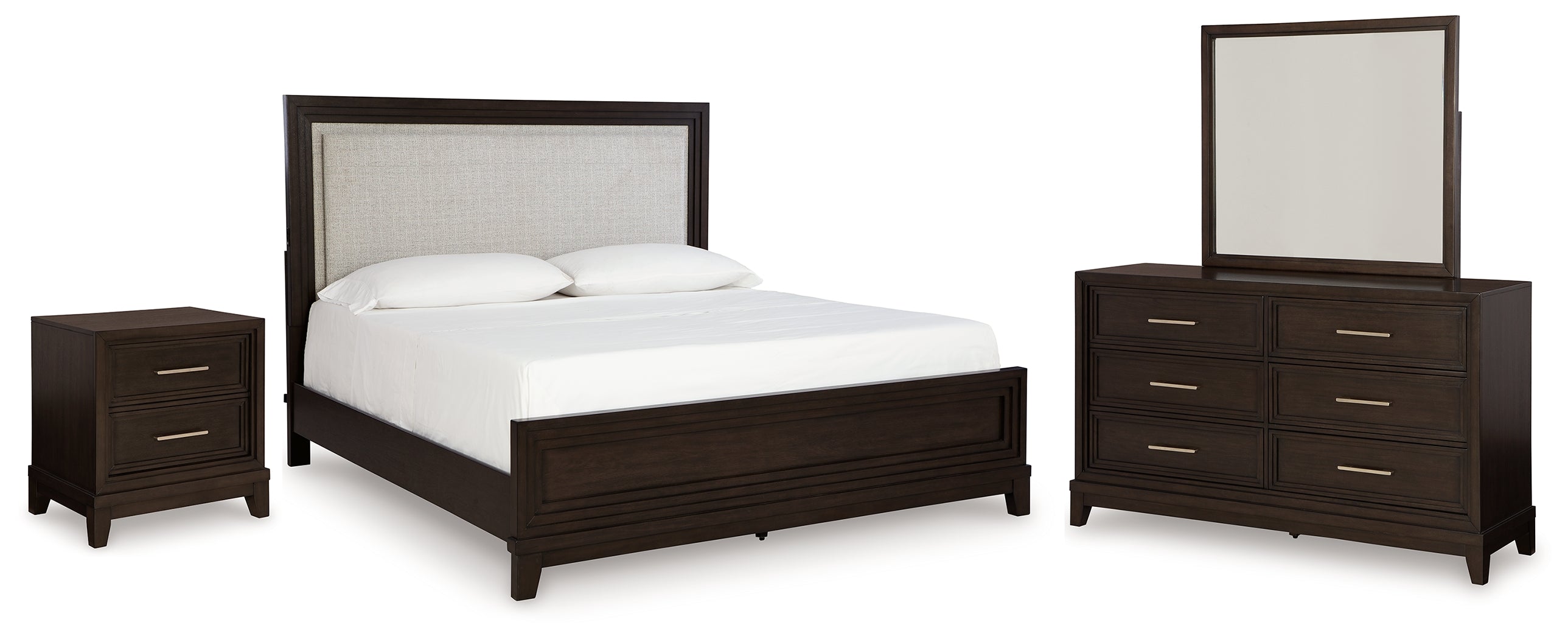Best Furniture Outlet - Ashley Furniture - Neymorton Bedroom - King Panel Bed, Dresser, Mirror and Nightstand / Dark Grayish Brown - B618B11