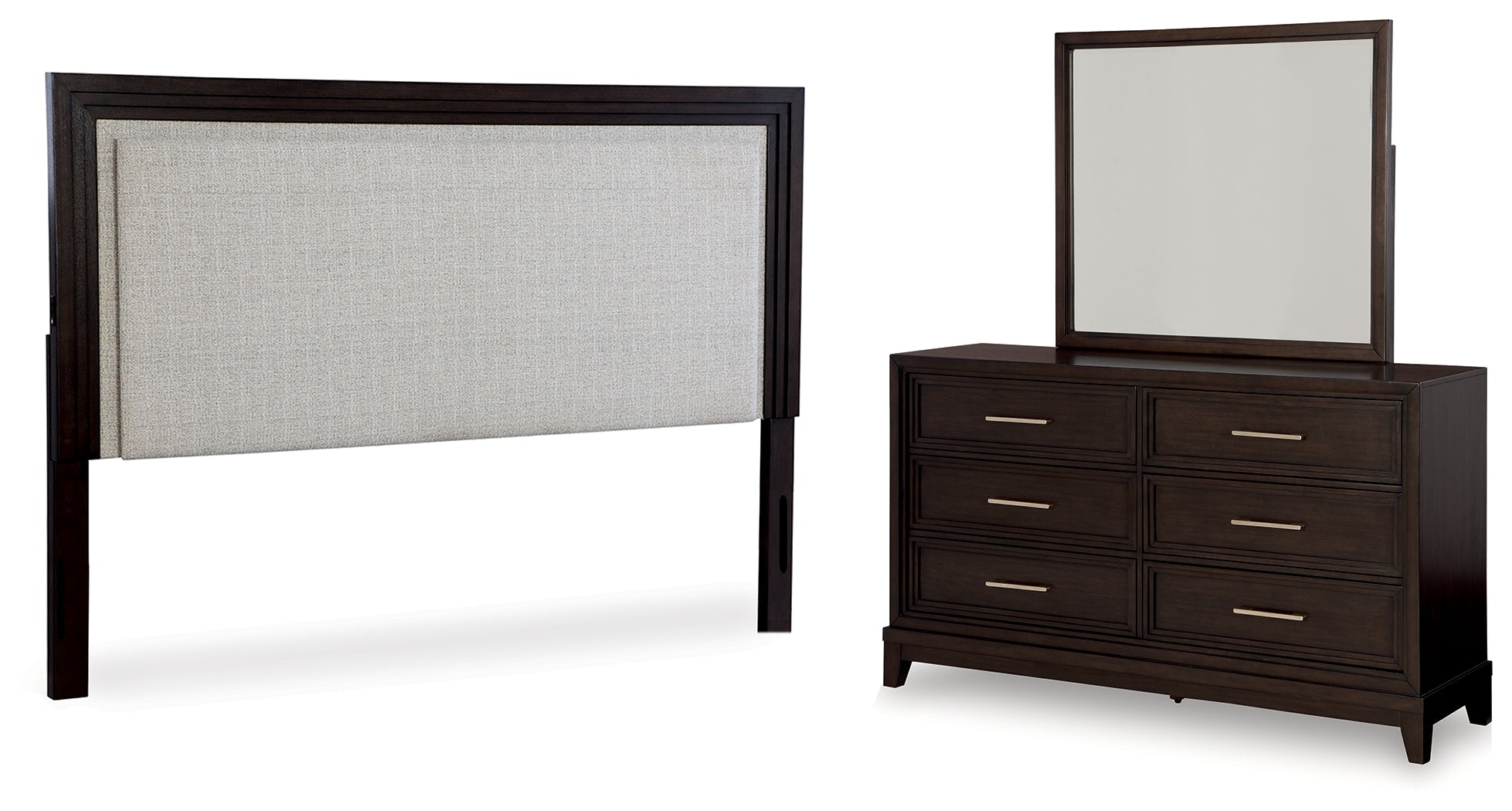 Best Furniture Outlet - Ashley Furniture - Neymorton Bedroom - King/California King Upholstered Panel Headboard, Dresser and Mirror / Dark Grayish Brown - B618B7