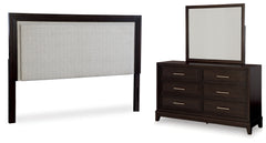 Best Furniture Outlet - Ashley Furniture - Neymorton Bedroom - King/California King Upholstered Panel Headboard, Dresser and Mirror / Dark Grayish Brown - B618B7