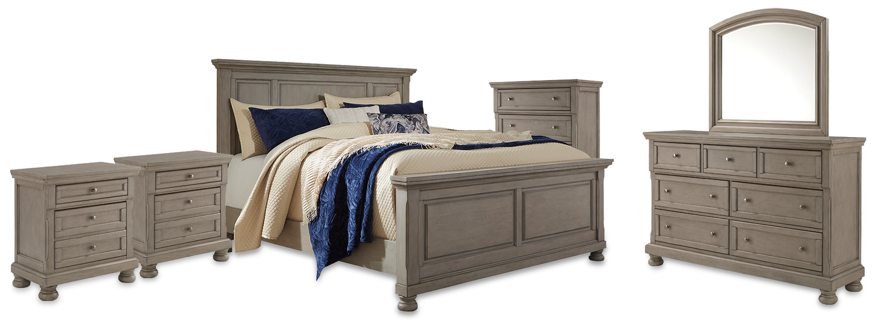 Best Furniture Outlet - Ashley Furniture - Lettner Bedroom - King Panel Bed, Dresser, Mirror, Chest and 2 Nightstands / Light Gray - B733B58
