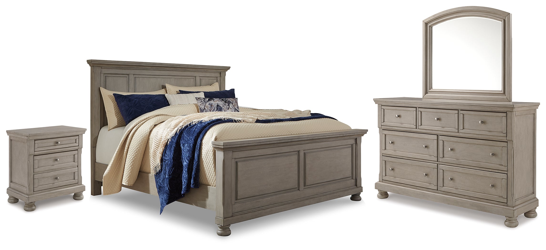 Best Furniture Outlet - Ashley Furniture - Lettner Bedroom - King Panel Bed with Dresser, Mirror and Nightstand / Light Gray - B733B40