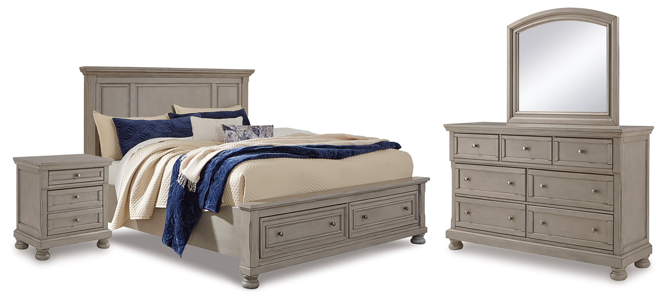 Best Furniture Outlet - Ashley Furniture - Lettner Bedroom - Queen Panel Storage Bed, Dresser, Mirror and Nightstand / Light Gray - B733B46