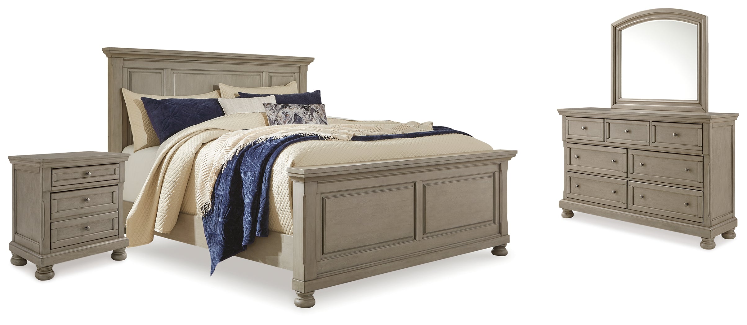Best Furniture Outlet - Ashley Furniture - Lettner Bedroom - King Panel Bed, Dresser, Mirror and 2 Nightstands / Light Gray - B733B48